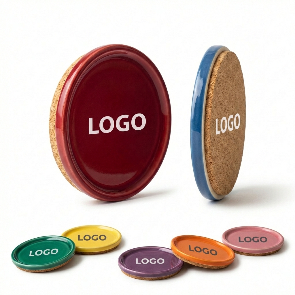 Circular Glazed Ceramic Coaster with Natural Cork Backing