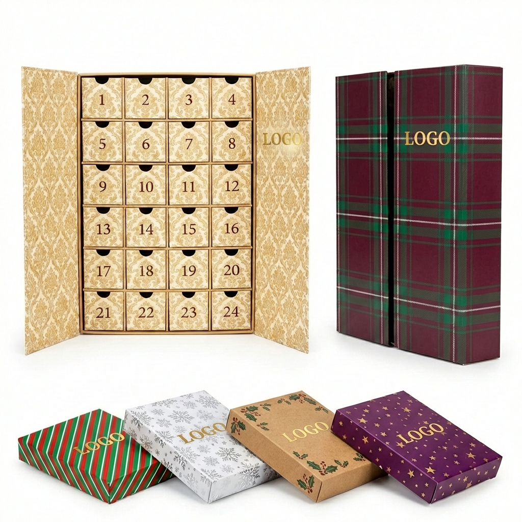 24-Compartment Tartan Holiday Countdown Chest with Seasonal Gift Boxes
