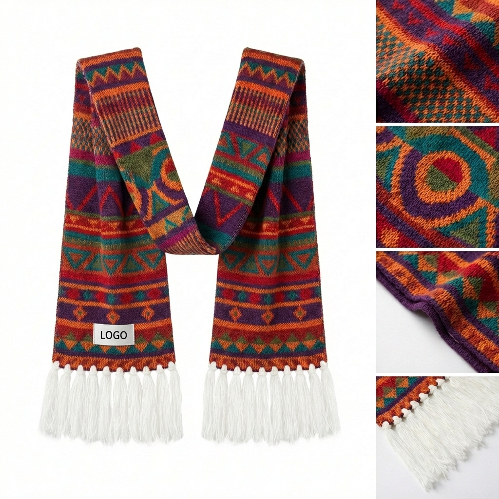 Patterned Jacquard Knit Winter Scarf with Tassel Fringe