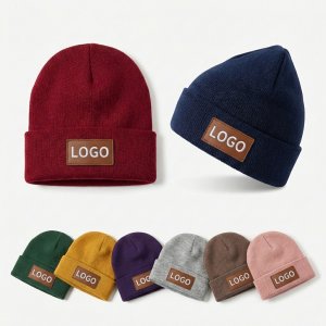 Classic Acrylic Knit Beanie with Faux Leather Branding Patch