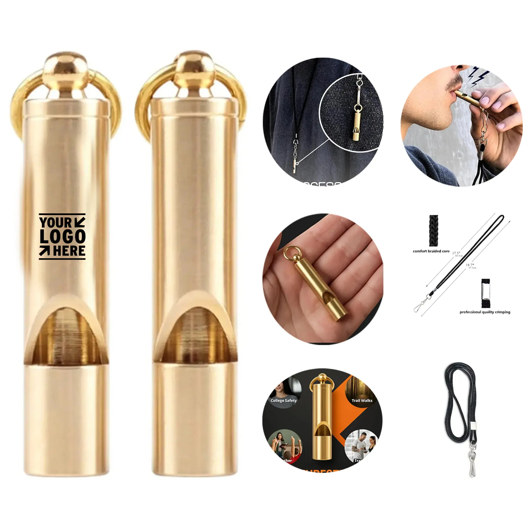 Brass Safety Whistle with Neck Cord 2