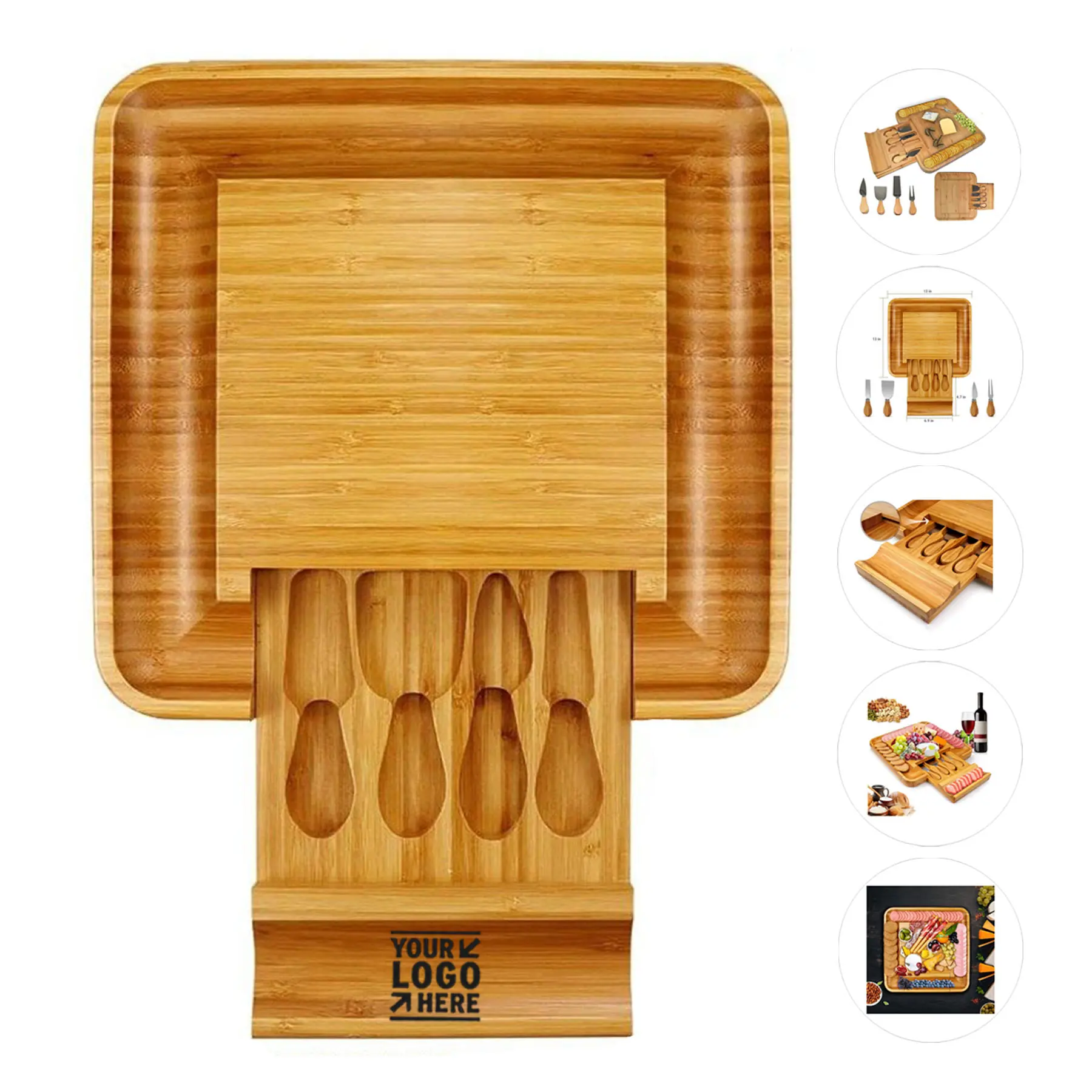Bamboo Serving Tray with Utensil Storage 2