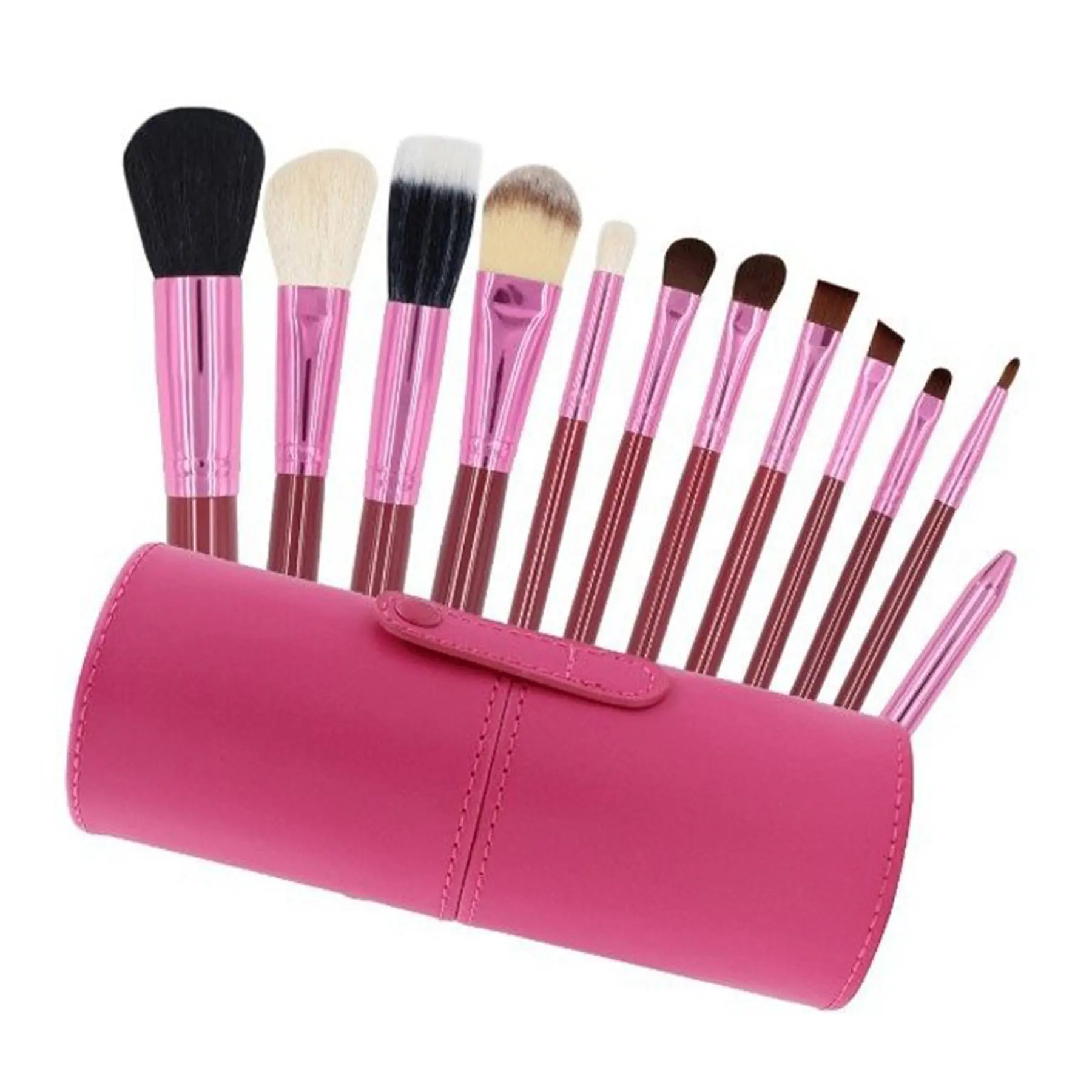 12-Piece Wooden Handle Cosmetic Brush Collection with Leather Organizer
