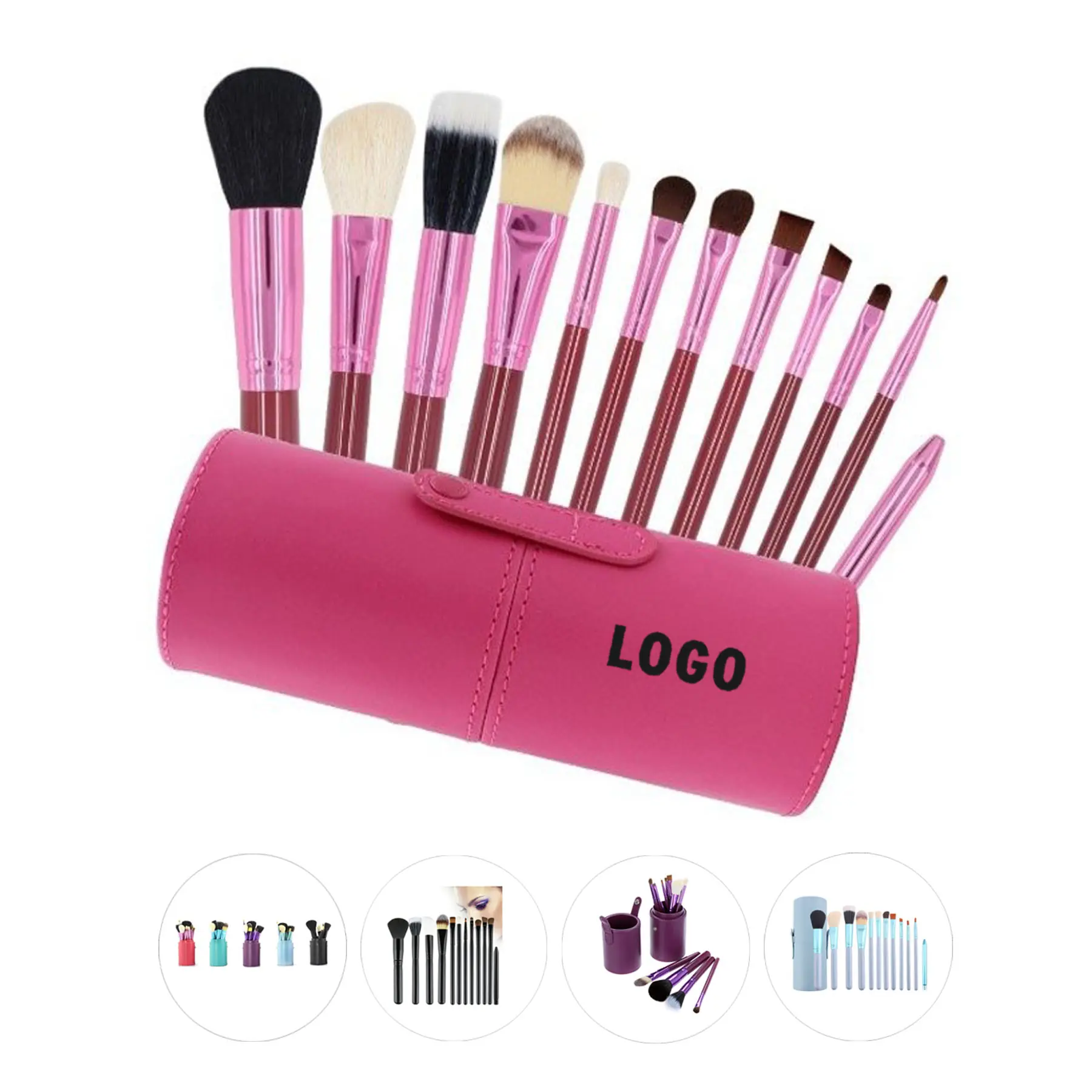 12-Piece Wooden Handle Cosmetic Brush Collection with Leather Organizer 2