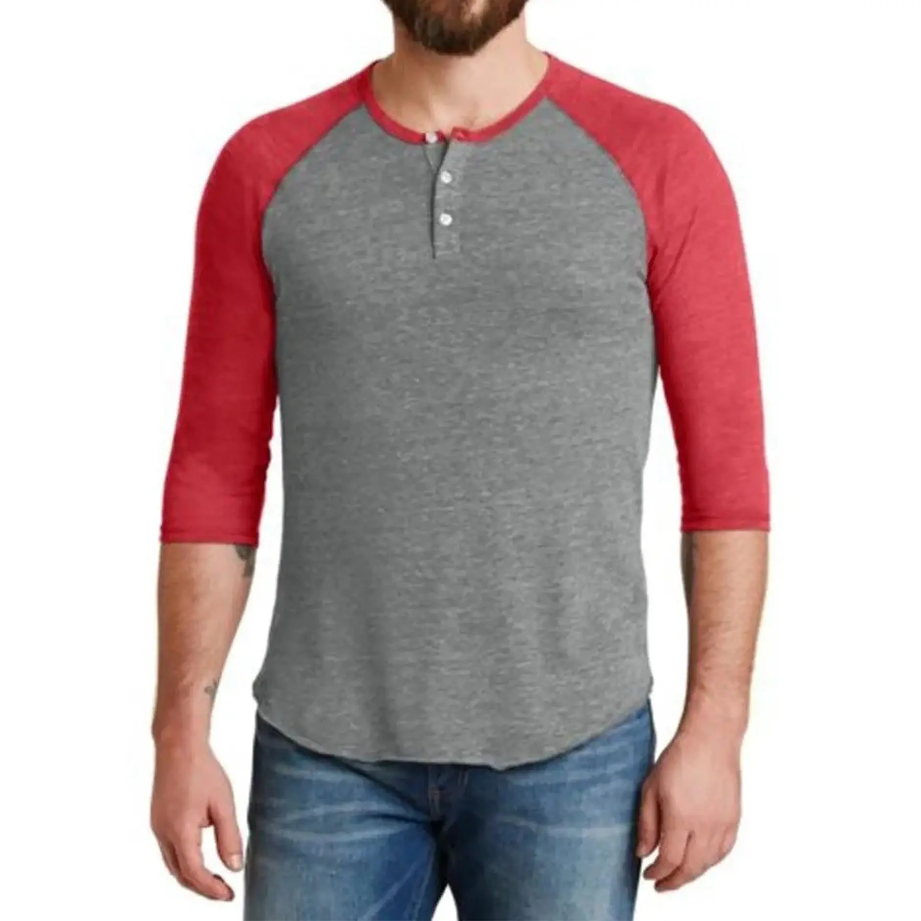 Retro 3/4 Sleeve Raglan Henley Top with Contrast Details