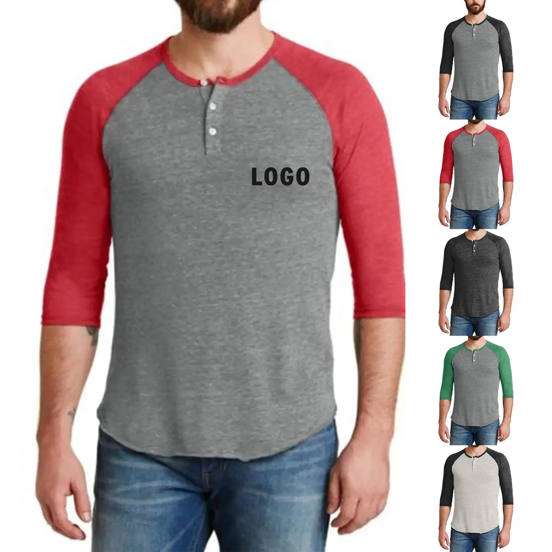 Retro 3/4 Sleeve Raglan Henley Top with Contrast Details 2