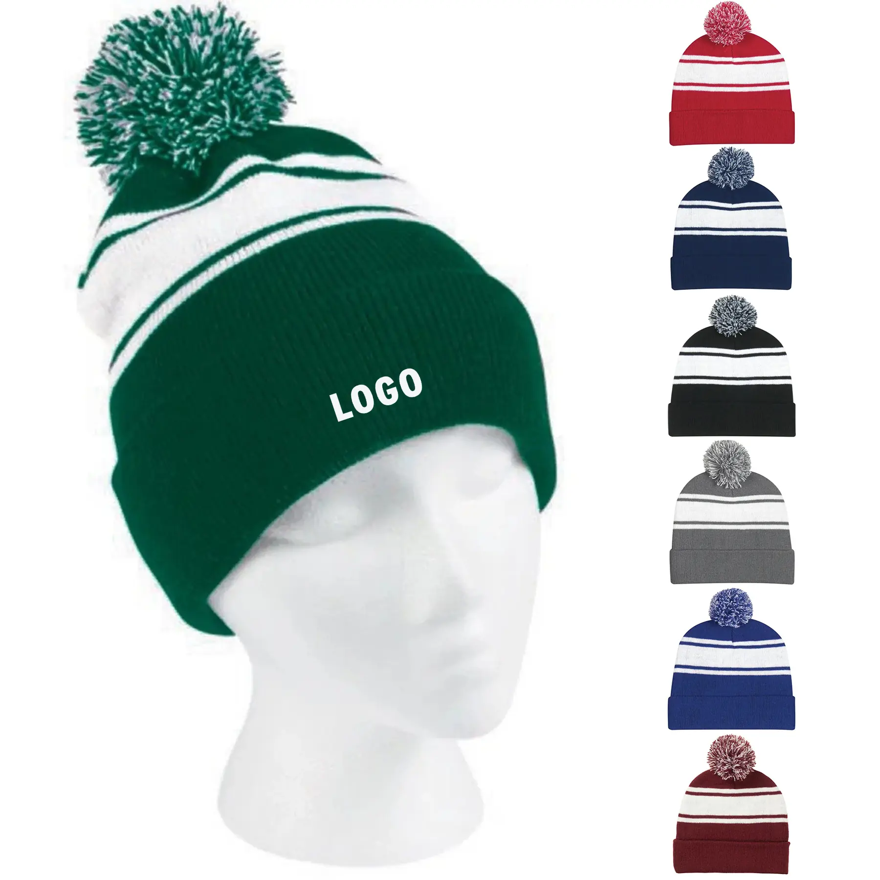 Dual Color Knit Beanie Pom Cuff 2