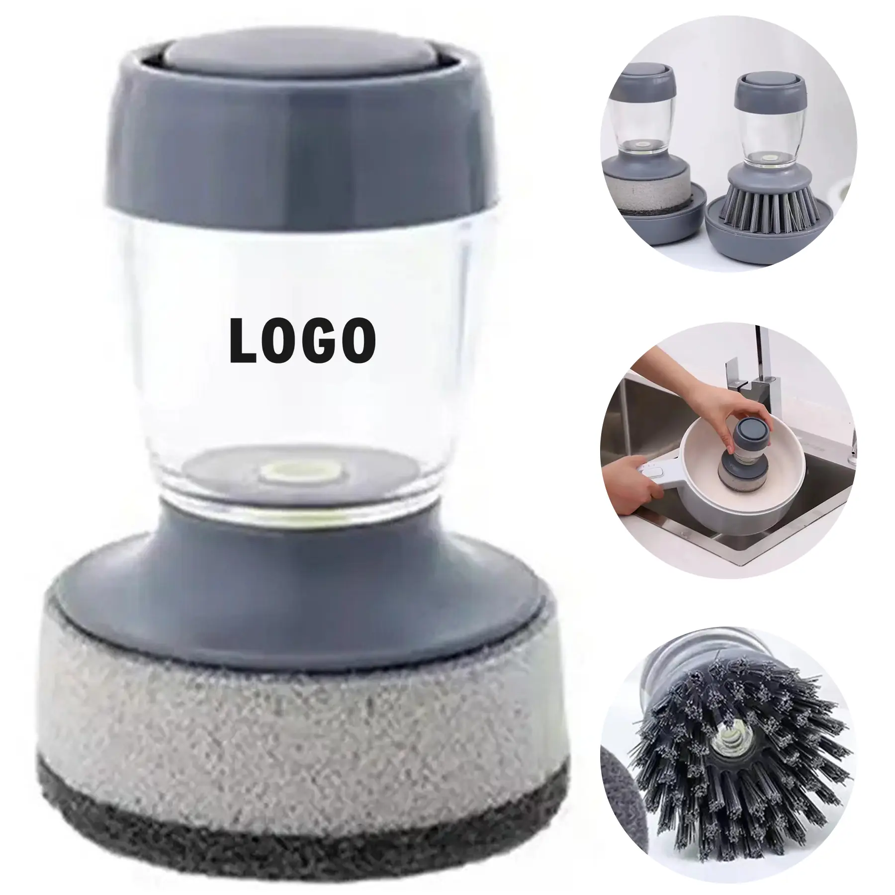 Kitchen Dish Scrub Brush with Liquid Soap Dispenser, Replaceable Nylon Bristles 2