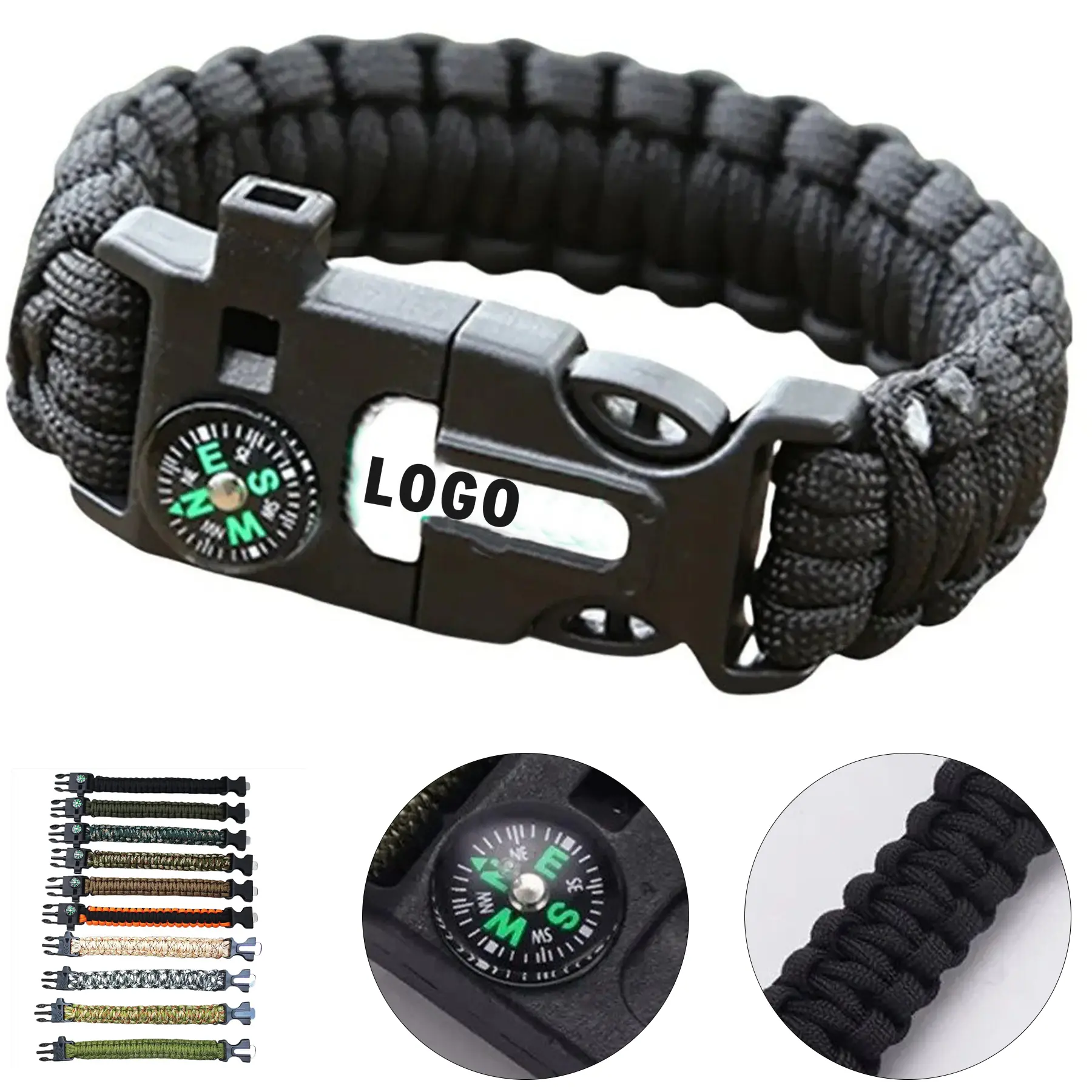 5 Tool Survival Paracord Bracelet Compass Whistle Fire Starter Blade 2