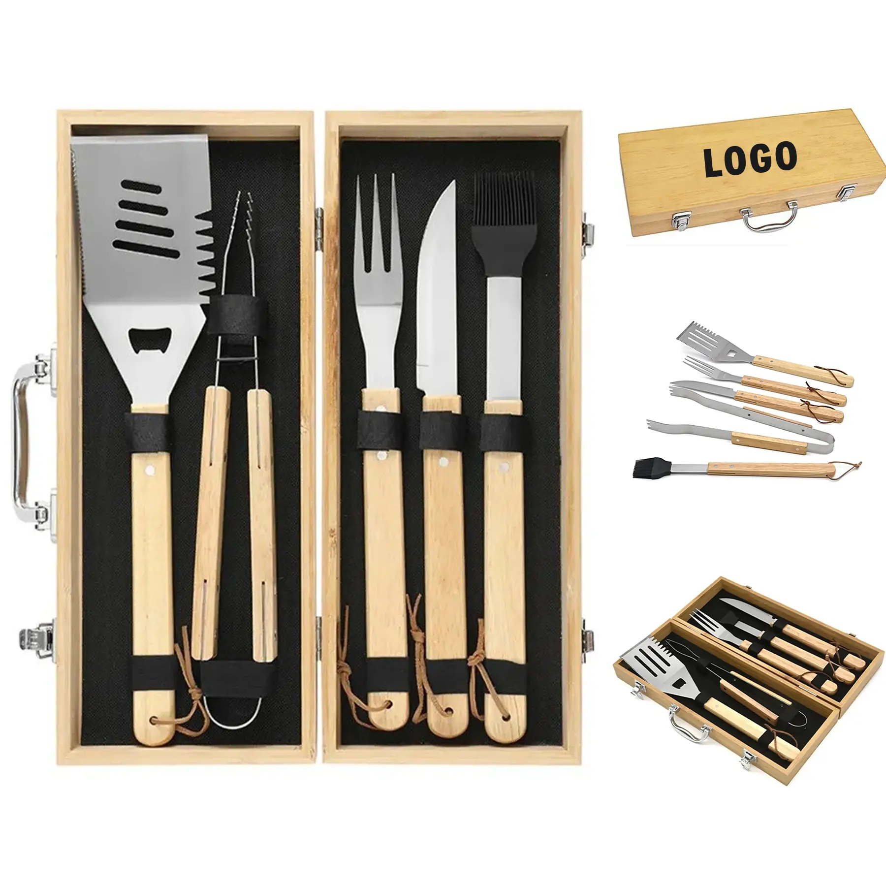 Custom Engraved Stainless Steel BBQ Grilling Tool Set with Wooden Gift Box 2