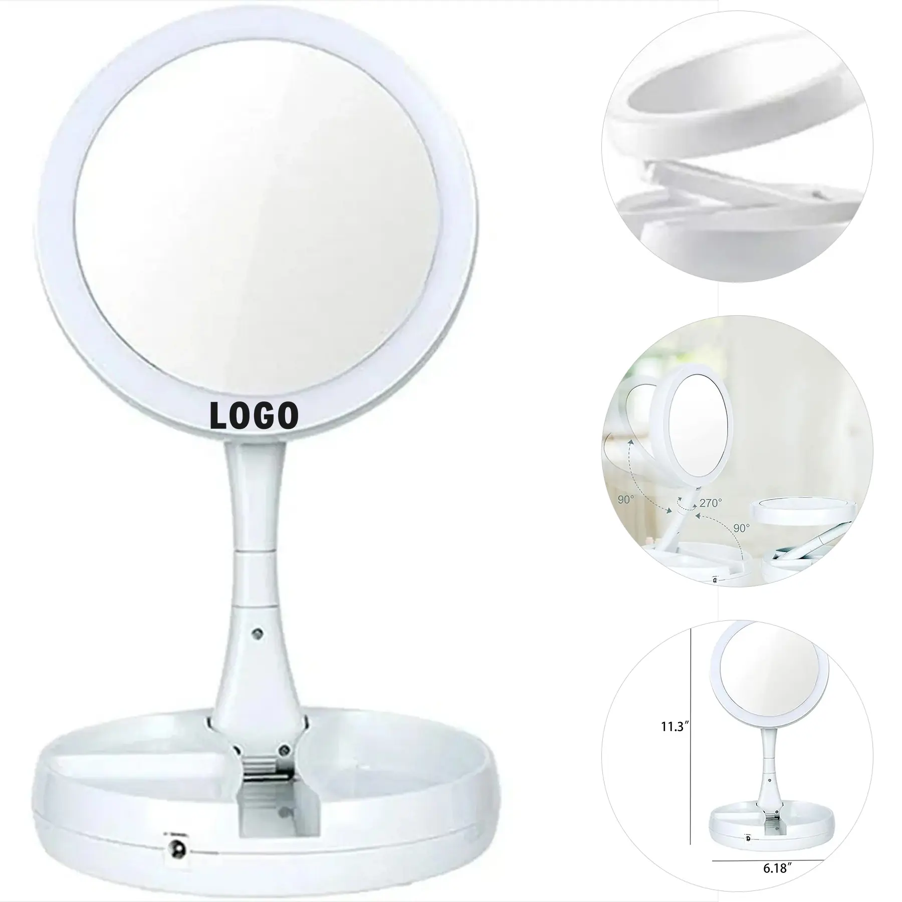 Round Folding LED Makeup Mirror Dual Sided 1X 10X Magnification Storage Base USB Rechargeable 2