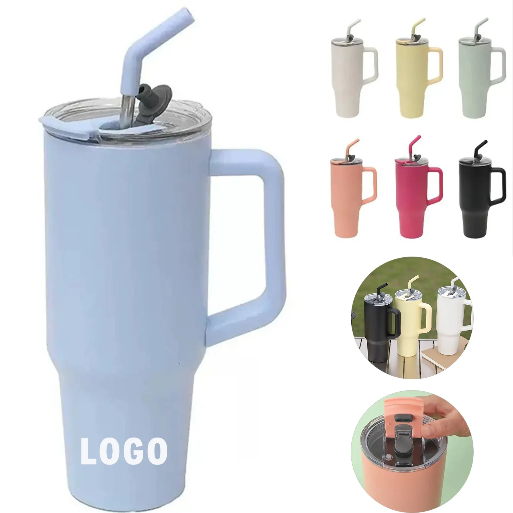 40 oz Insulated Stainless Steel Travel Tumbler with Handle and Straw 2