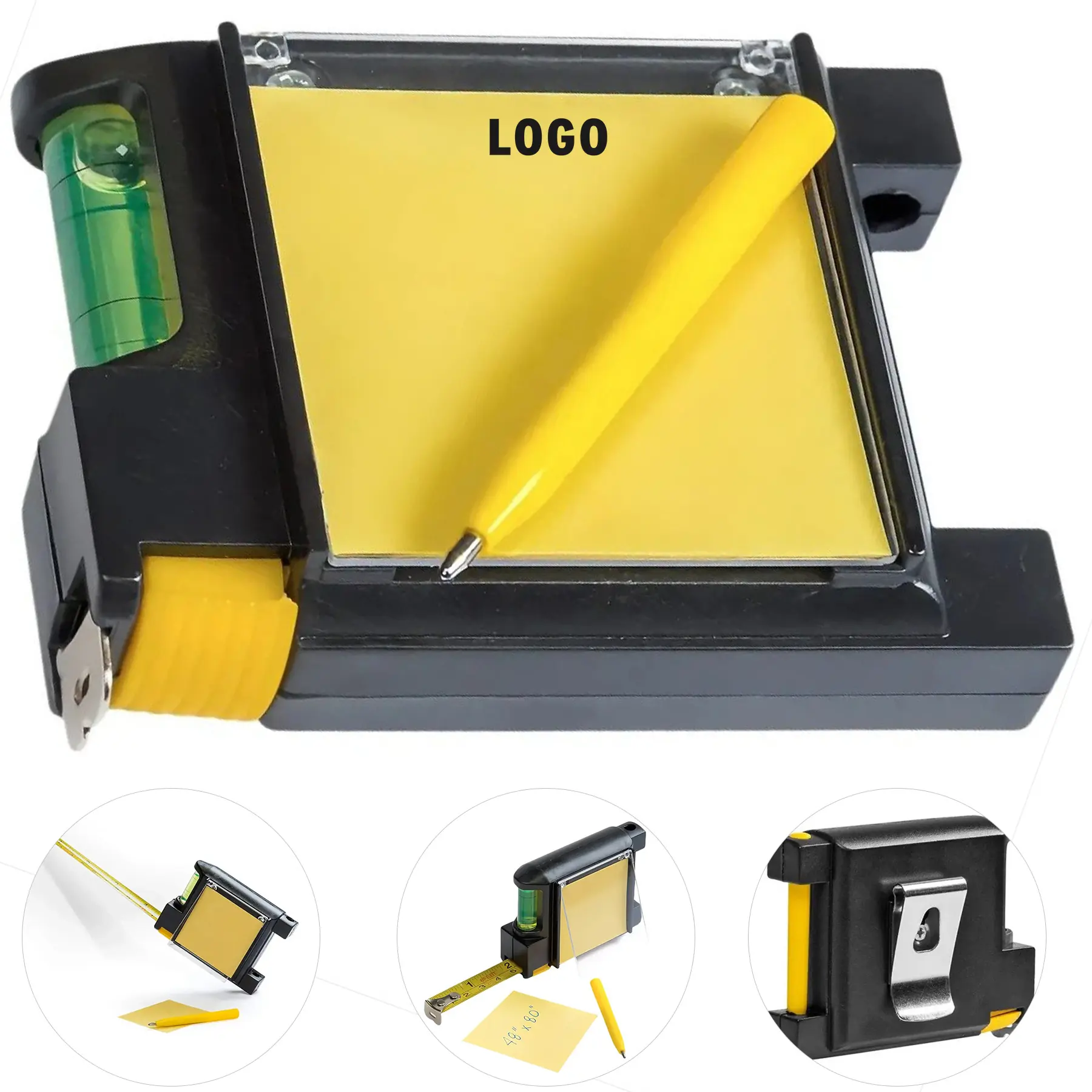 Retractable Tape Measure with Built-in Level, Sticky Notes and Pen - Compact Multifunction Tool 2