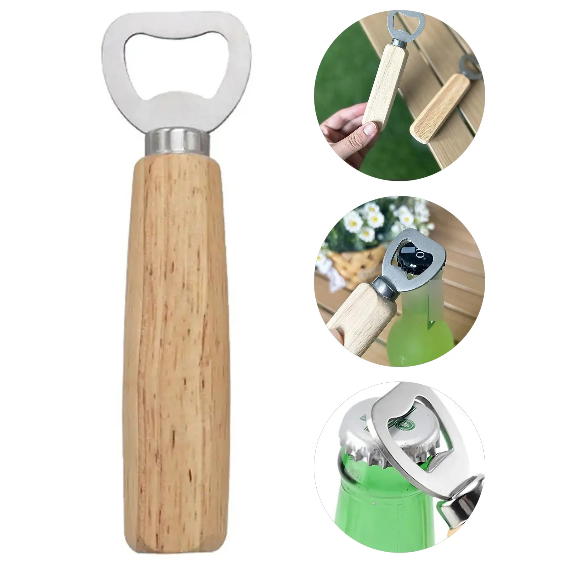 Customizable Natural Wood Handle Stainless Steel Beer Cap Opener Bar Tool 2