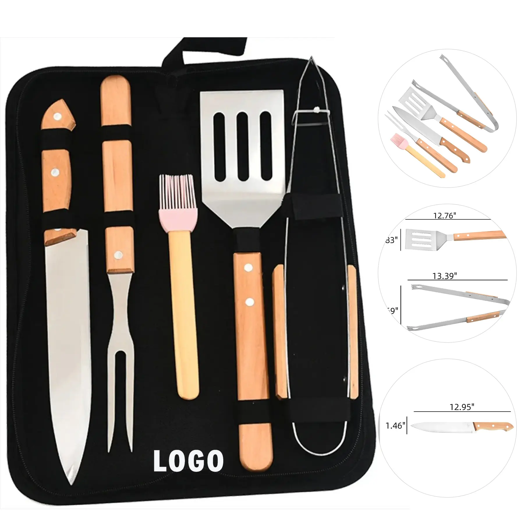 Stainless Steel BBQ Grilling Utensils Set Wooden Handles 2