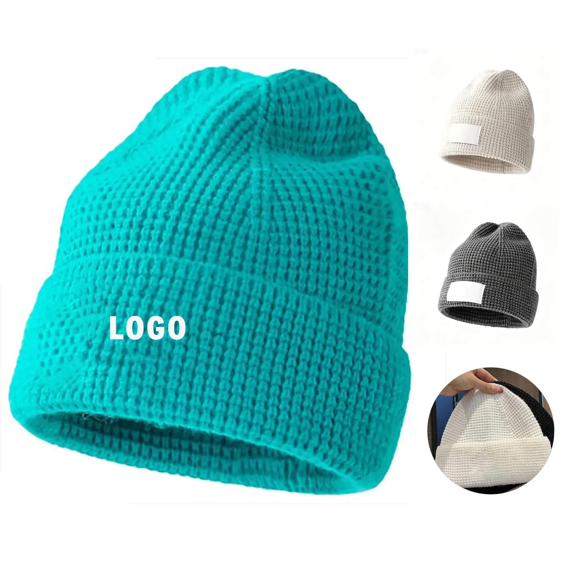 Custom Knitted Beanie Hat Soft Wool Winter Cap Solid Color 2