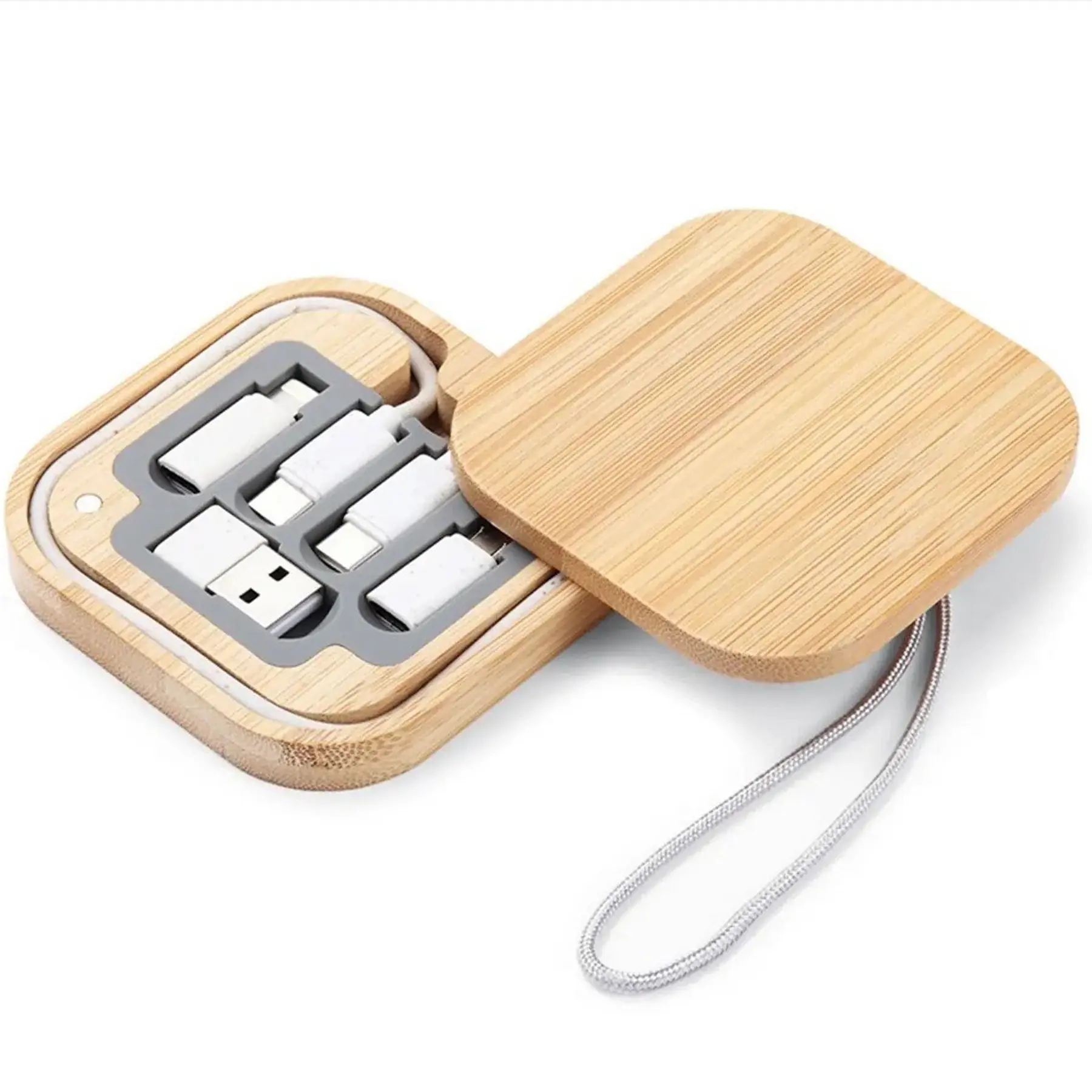 Portable USB Adapter Kit Fast Charging Cable Bamboo Organizer