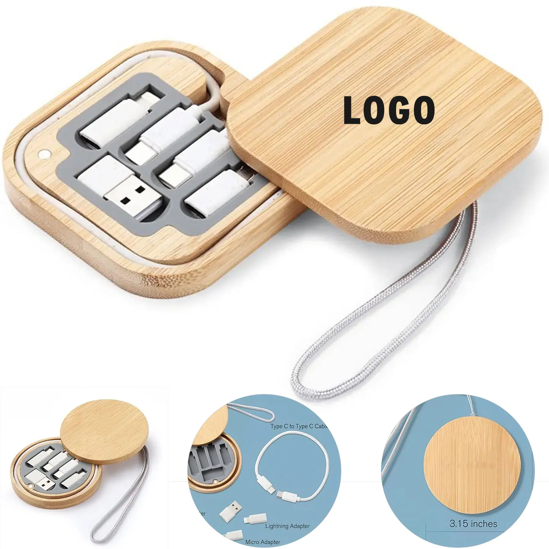 Portable USB Adapter Kit Fast Charging Cable Bamboo Organizer 2