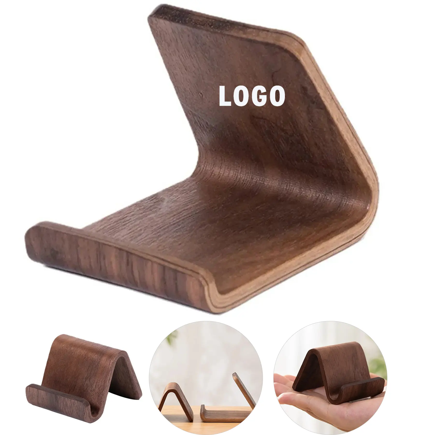 Minimalist Walnut Phone Stand Desktop Cradle for Hands Free Viewing 2