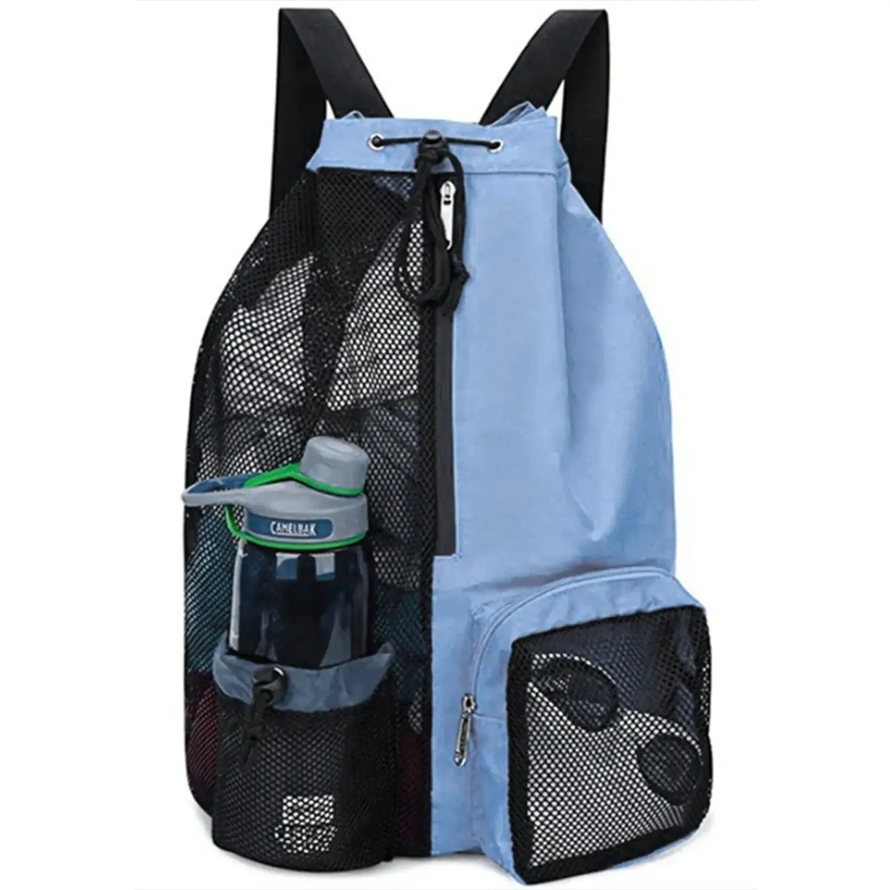 Mesh Drawstring Gym Beach Bag with Waterproof Pocket for Wet Gear