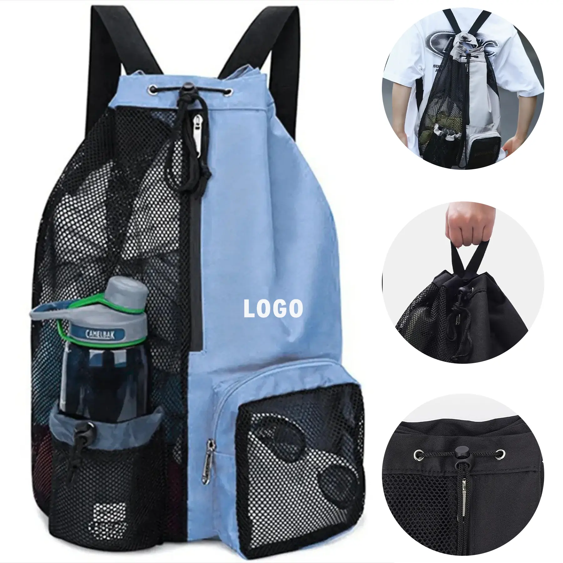 Mesh Drawstring Gym Beach Bag with Waterproof Pocket for Wet Gear 2