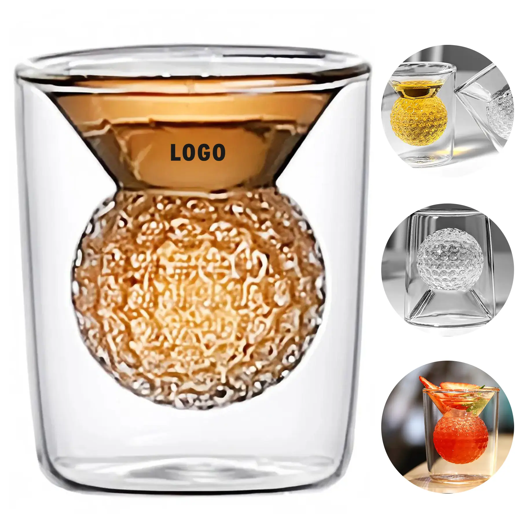 Golf Ball Double Wall Whiskey Glass 1.7oz Transparent Cup 2