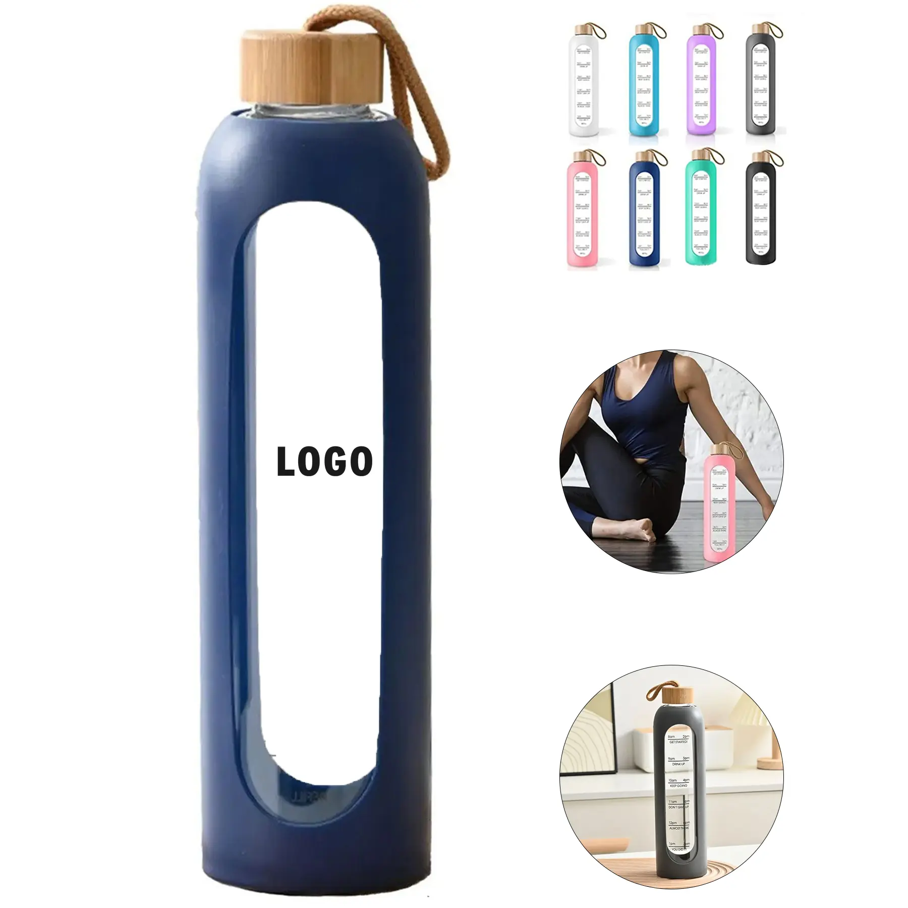 Silicone Sleeve Glass Water Bottle 34oz Motivational Tracker 2