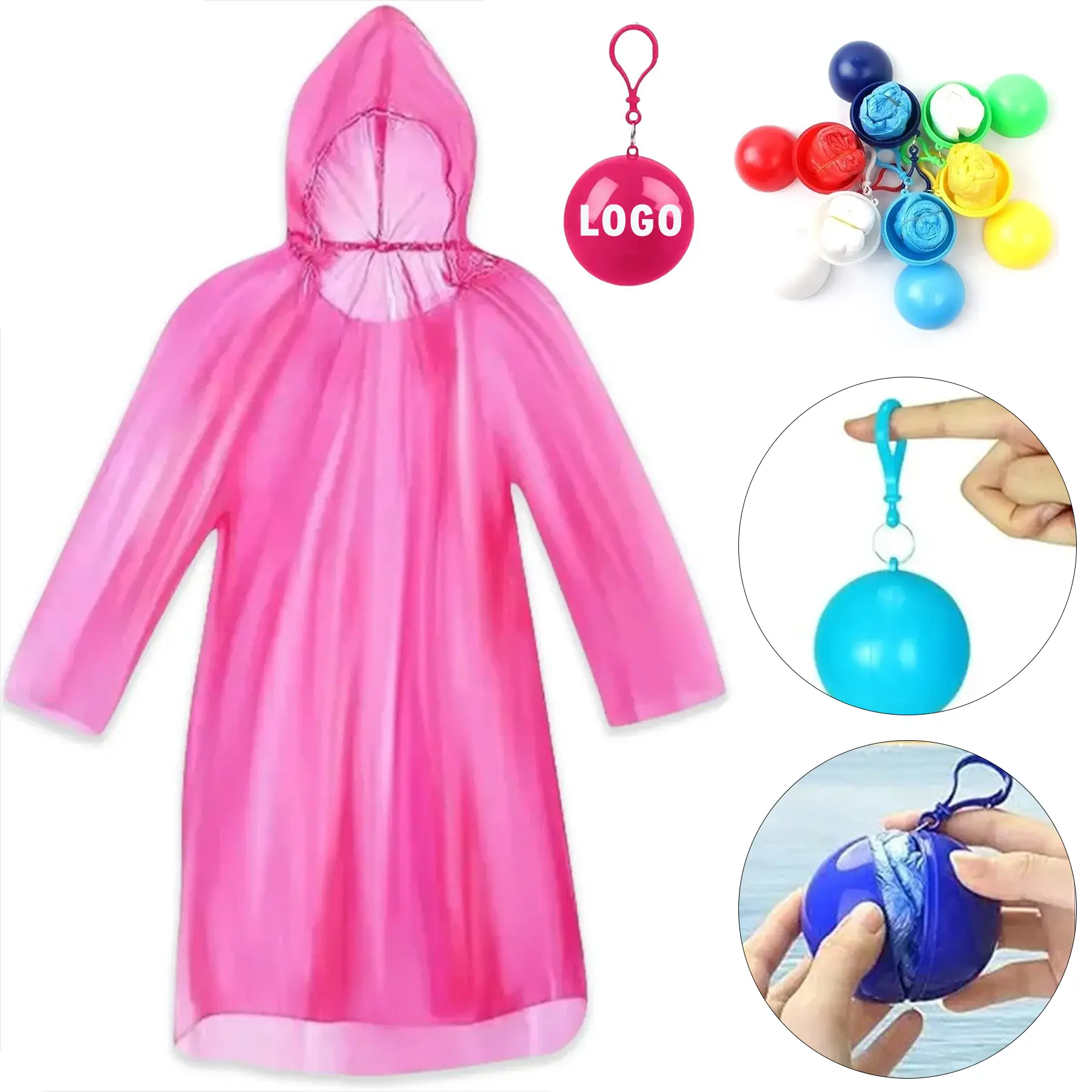 Compact Hooded Disposable Rain Poncho Keychain Ball 2