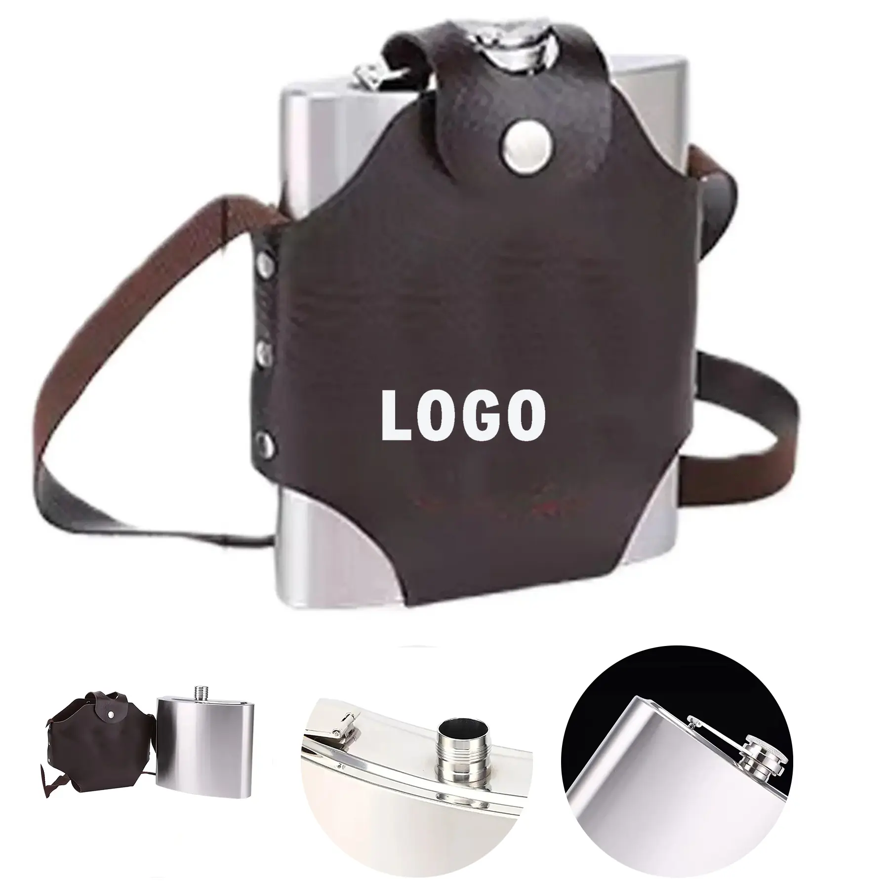 Premium Stainless Steel Hip Flask Leather Cover Portable Liquor Flask Gift 2