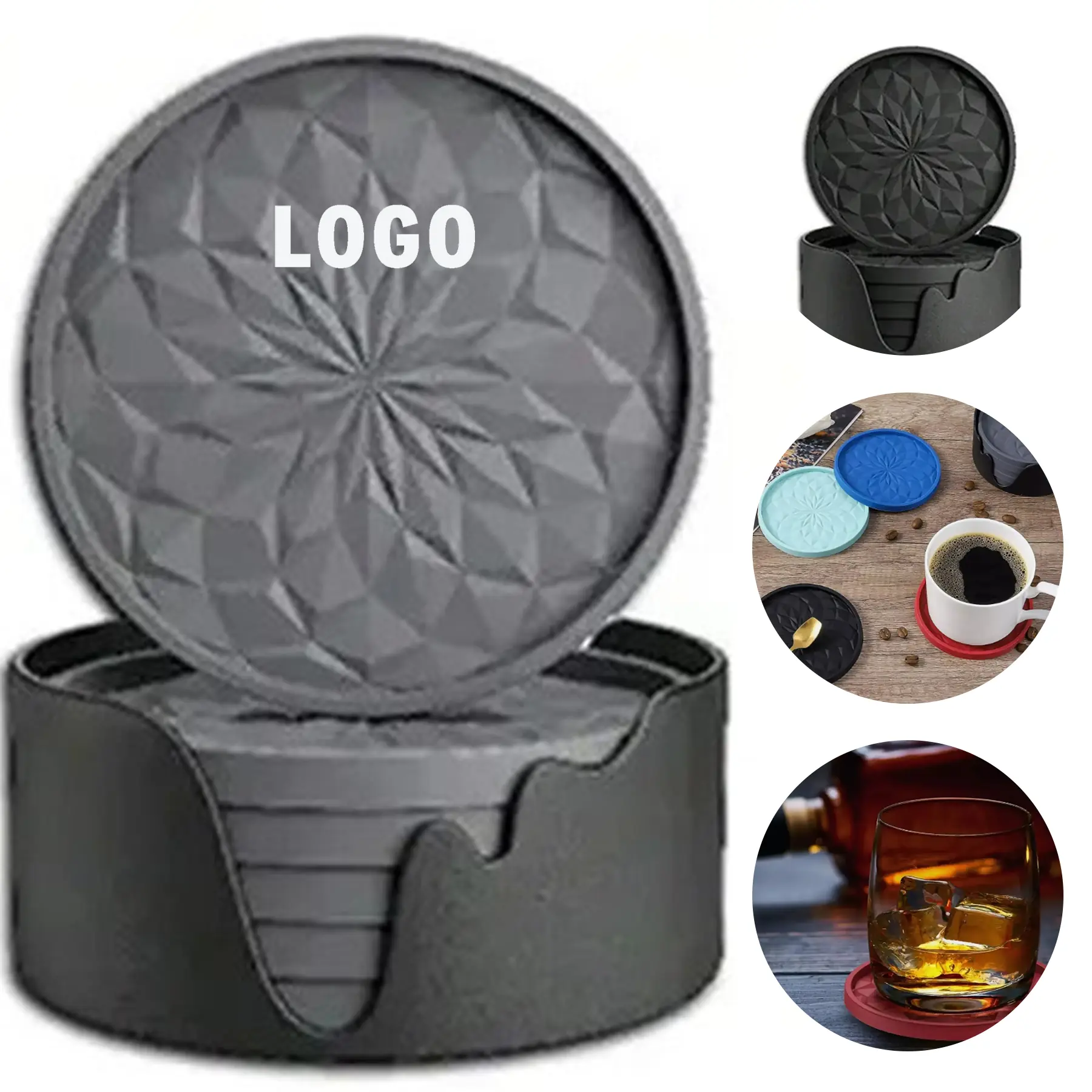 6 Pack Round Silicone Coasters Holder Nonslip Heat Resistant Absorbent 2