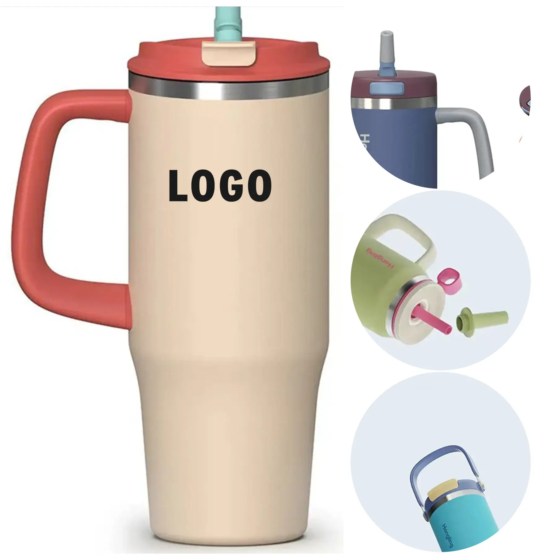 40oz Stainless Steel Travel Mug Ergonomic Handle 3 Lids 2