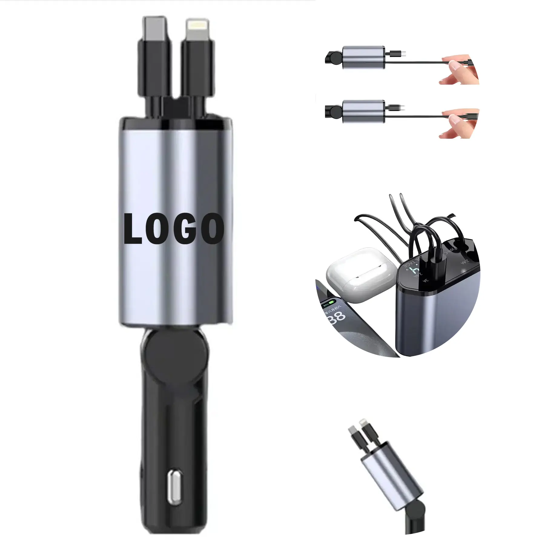 Compact Retractable Car Charger 15W Fast USB Type C Power Adapter 4 Devices 2