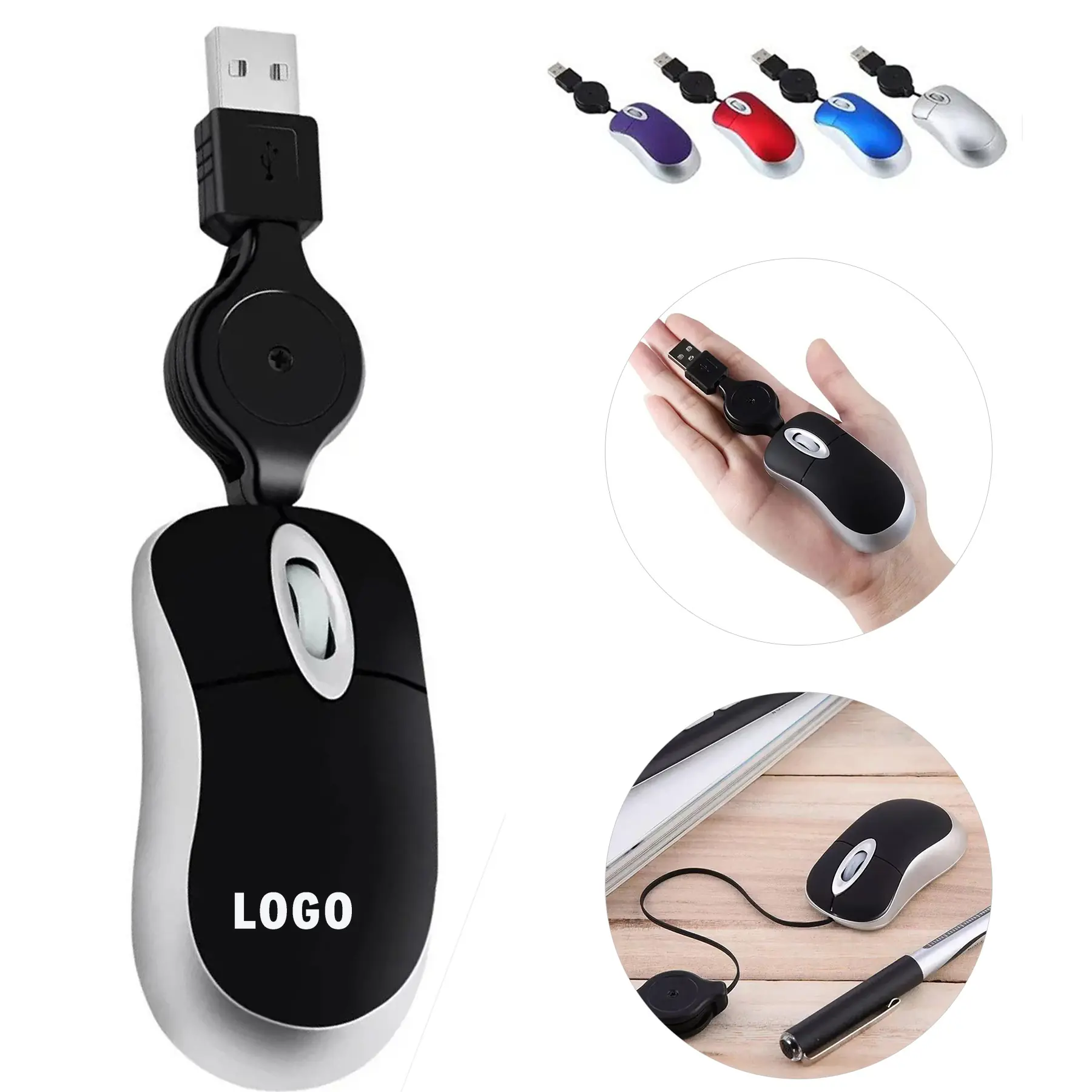 Compact USB Retractable Cord Mouse Notebook PC 2
