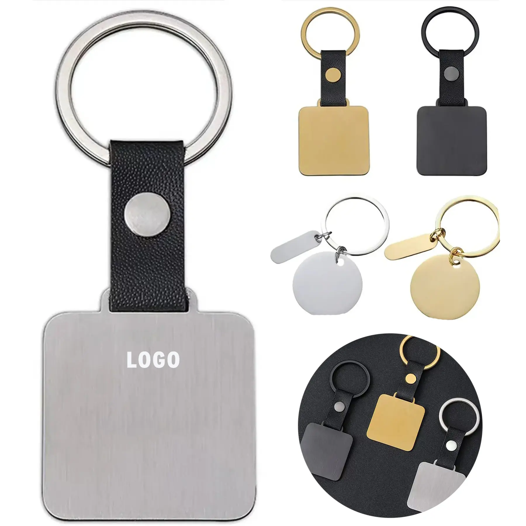 Custom Logo Metal Leather Keychain Tag Square Round 2