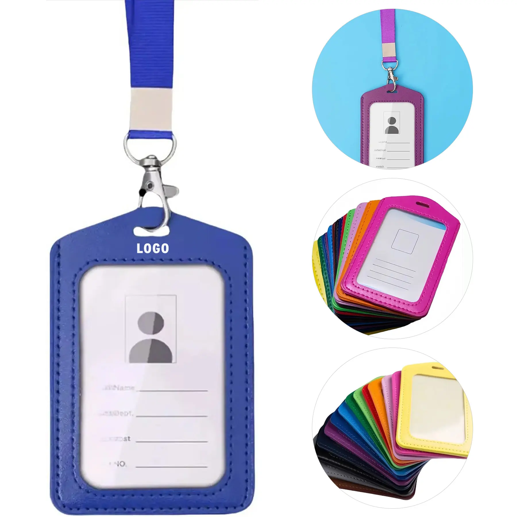 Custom PU Leather ID Badge Holder with Clear Front Back for Vertical Cards 2