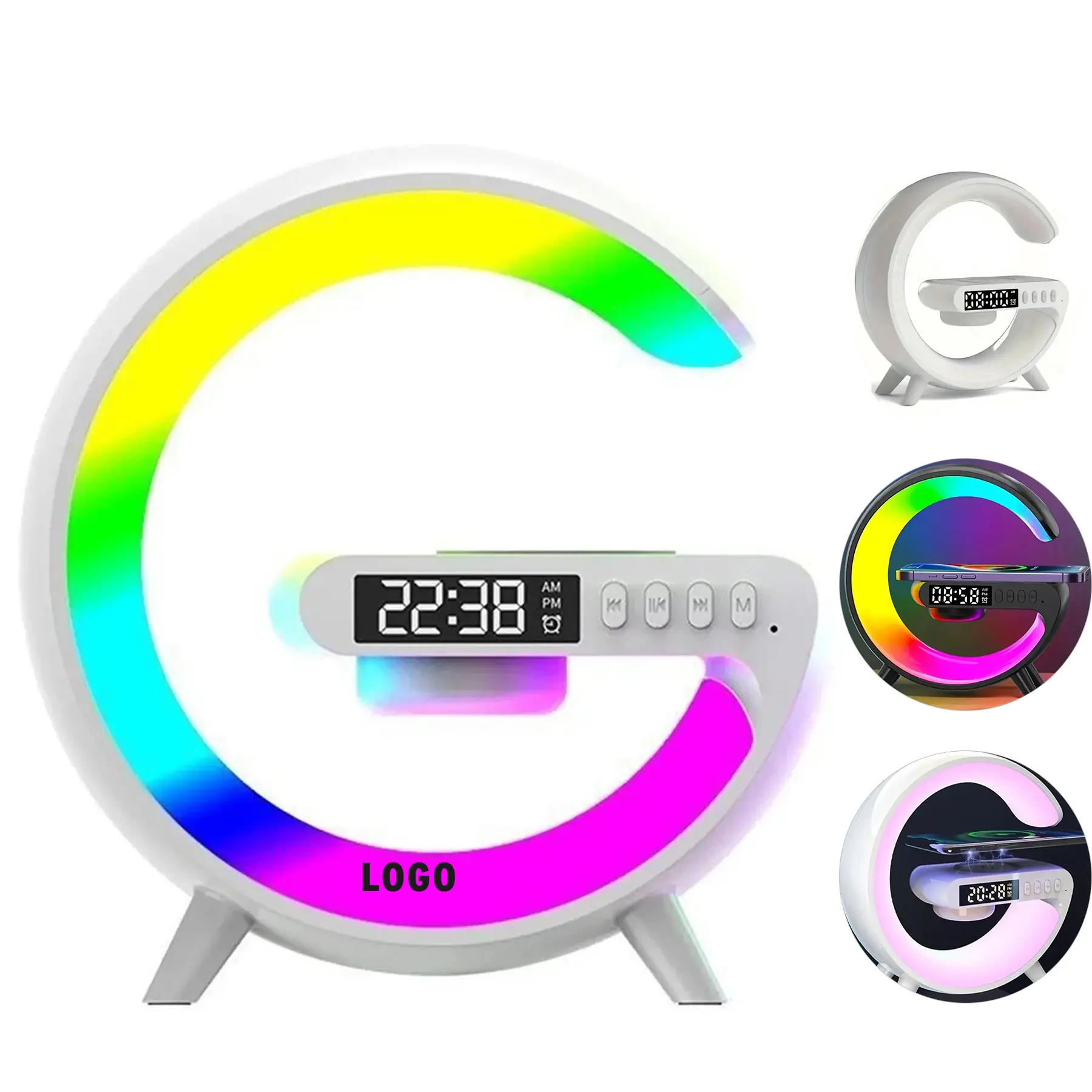 G Shape Bluetooth Speaker Wireless Charger Alarm Clock LED Night Light 2