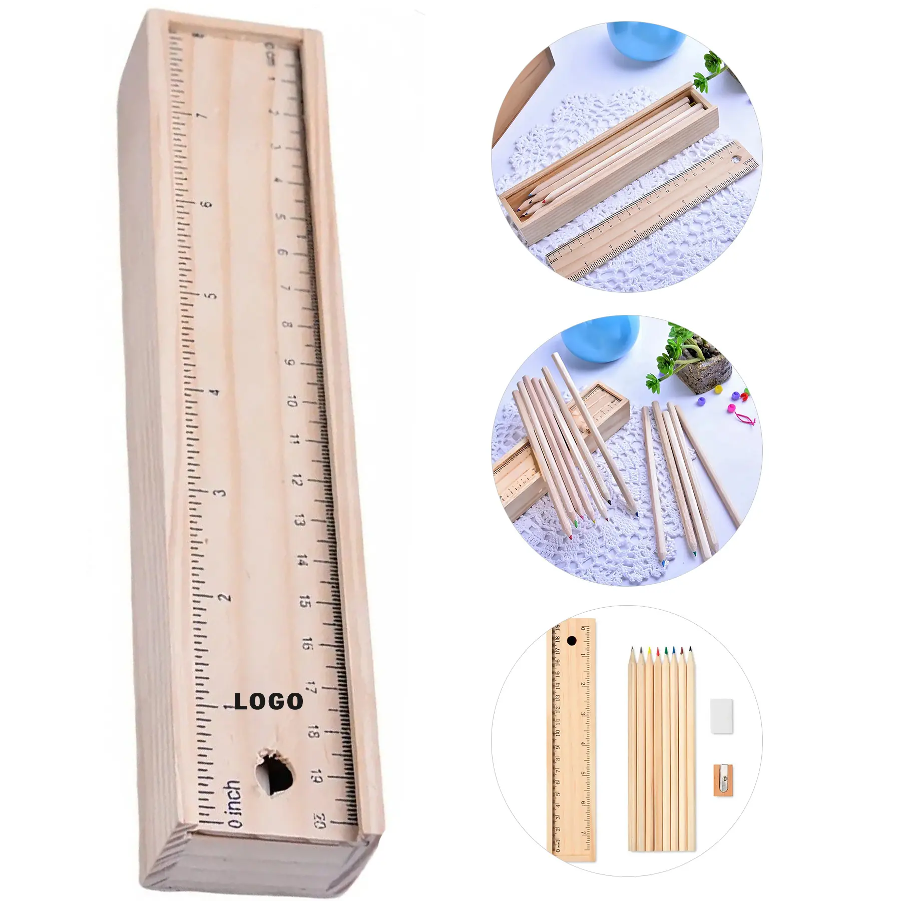 12 Color Pencils, Sharpener, Wooden Ruler Set 2