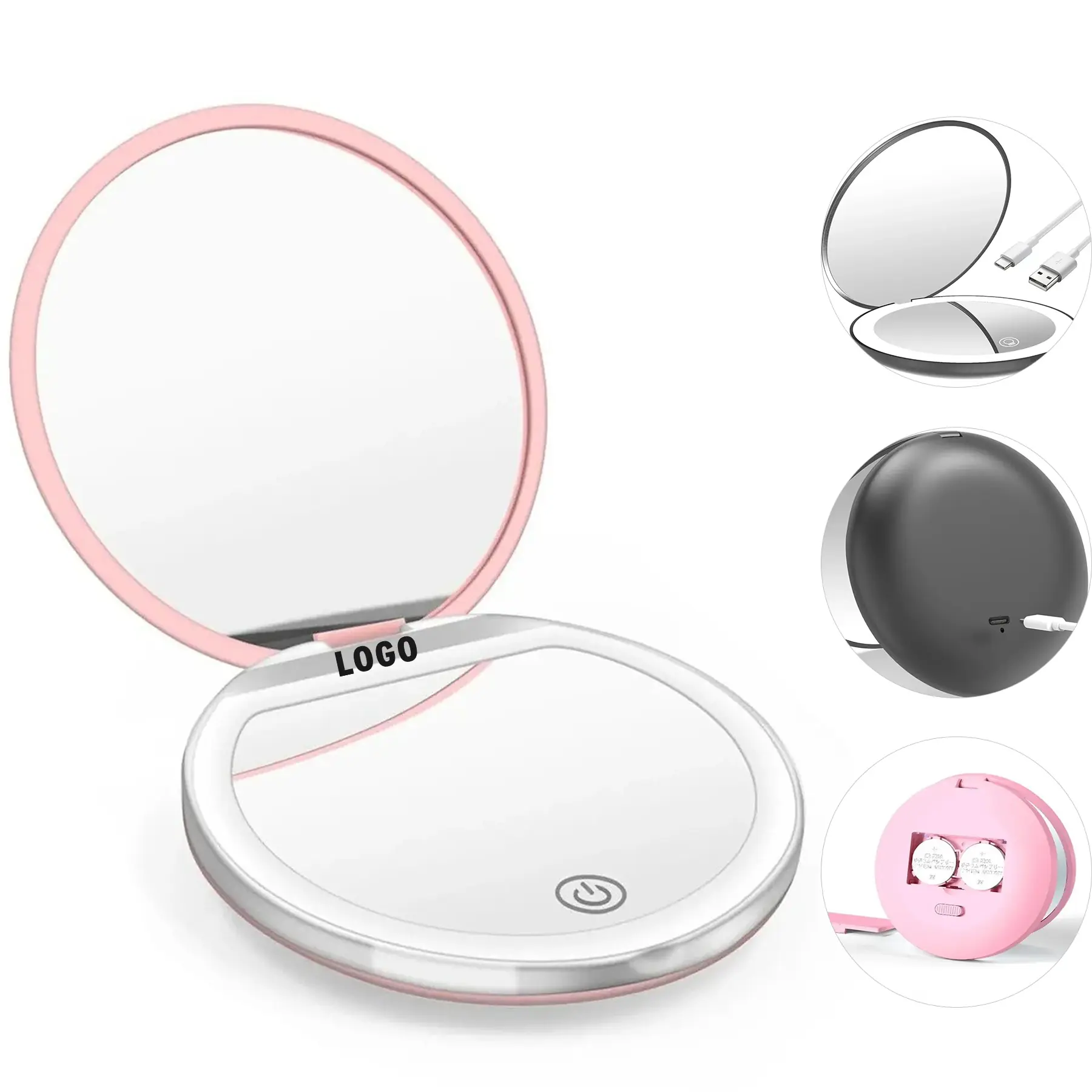 Rechargeable LED Vanity Mirror with Adjustable Brightness Round Travel Size 2