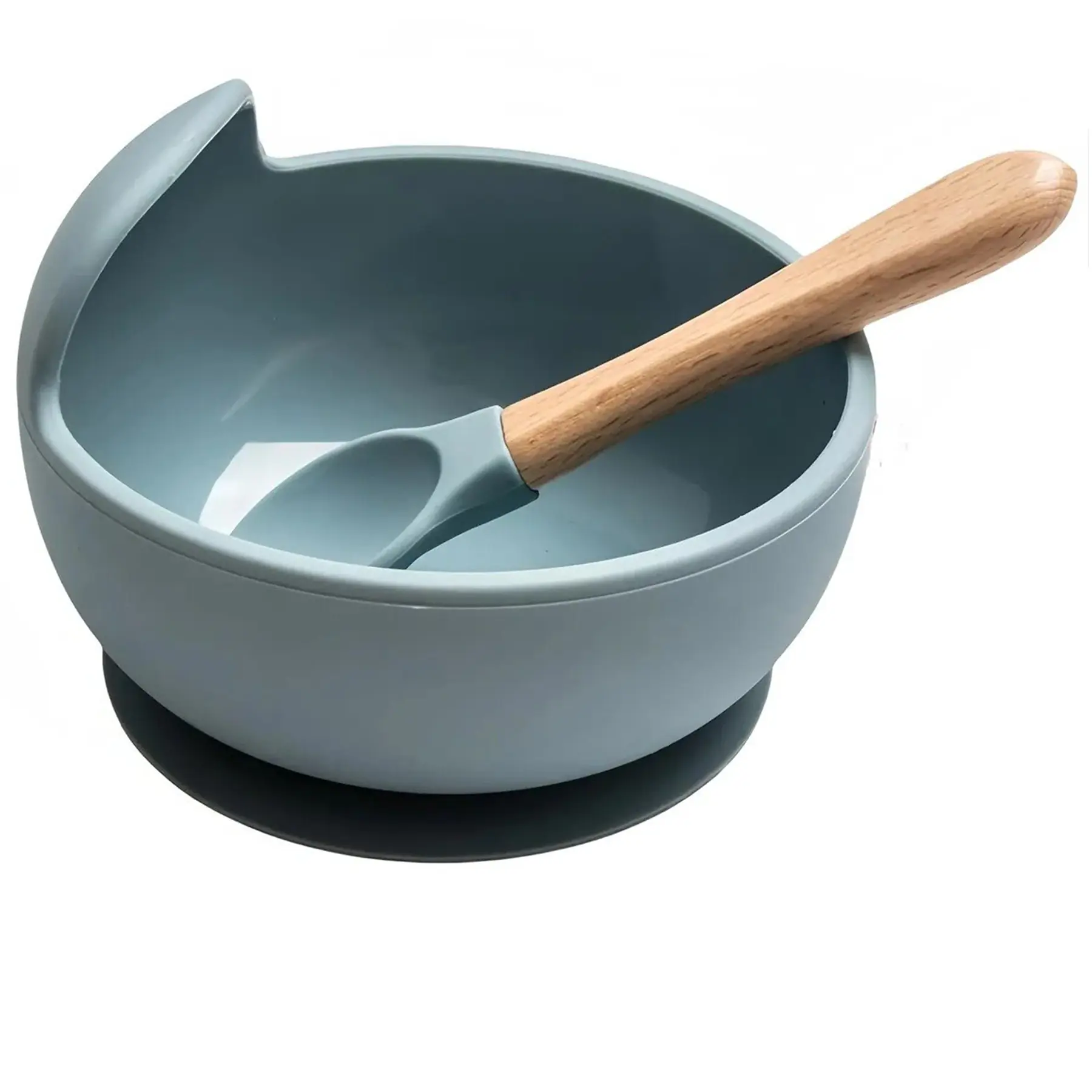 Baby Silicone Suction Bowl Wooden Spoon Set