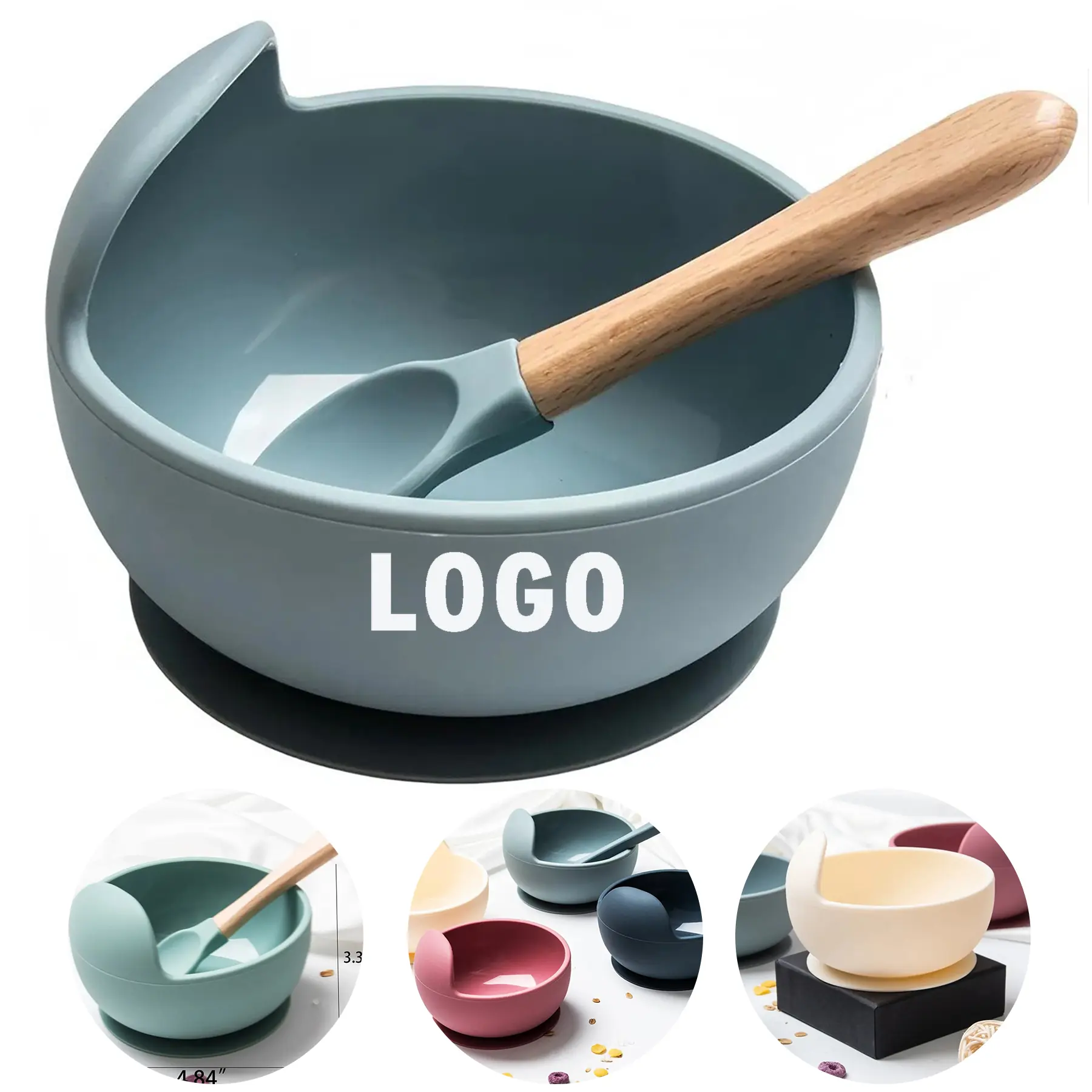 Baby Silicone Suction Bowl Wooden Spoon Set 2