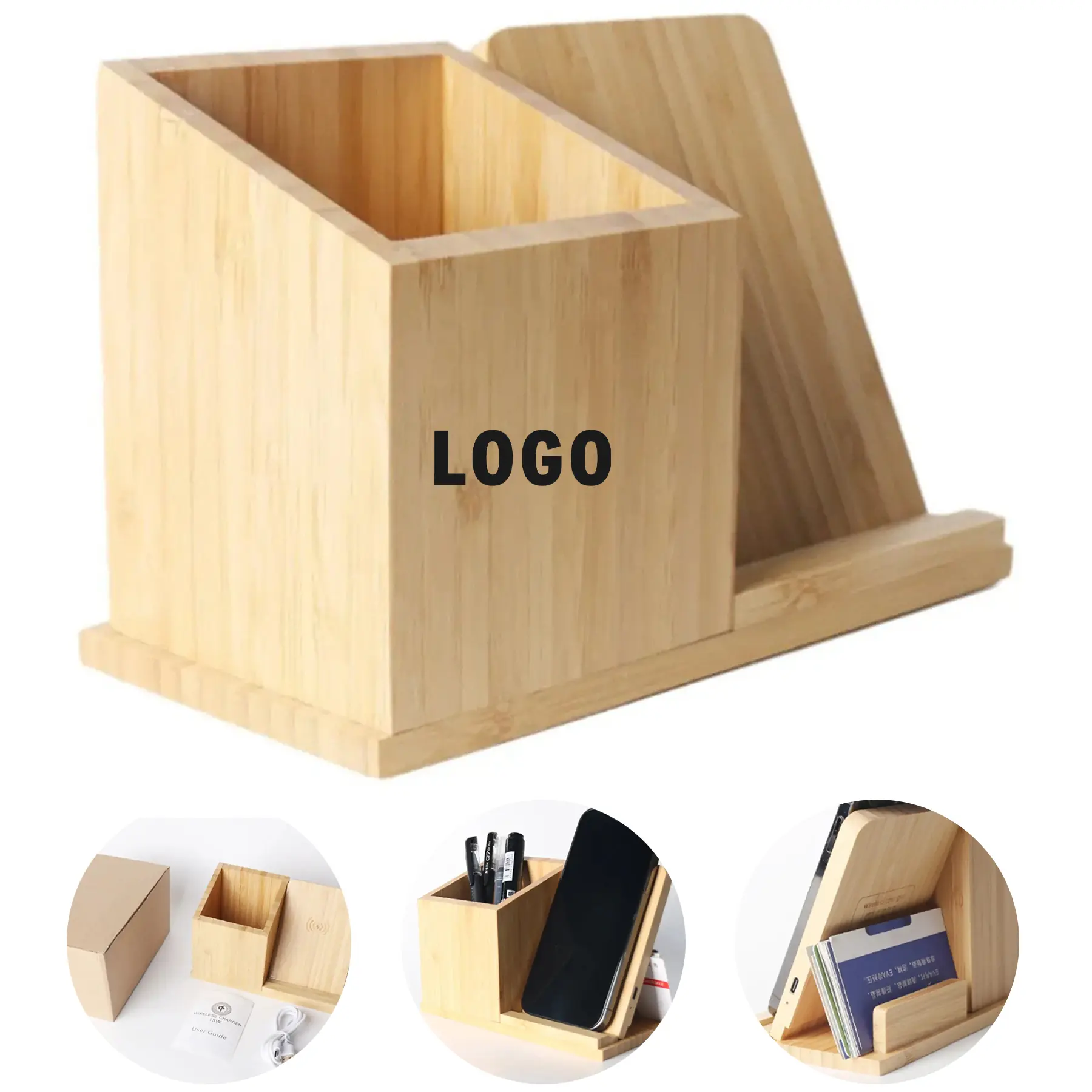 Bamboo Desk Organizer Wireless Charging Station Phone Holder Stand 2