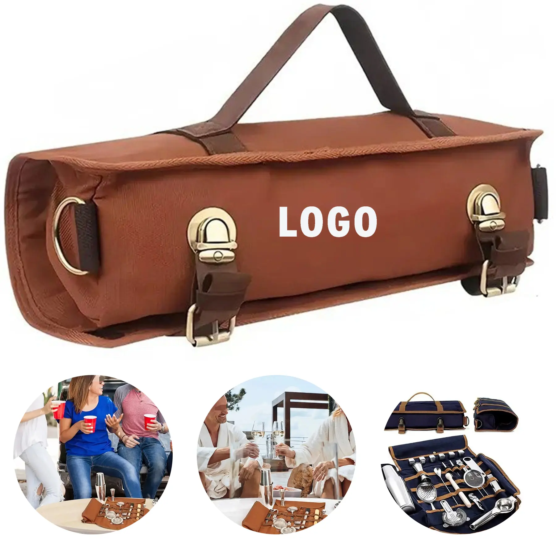 Professional Cocktail Shaker Set Leather Roll Bag 2