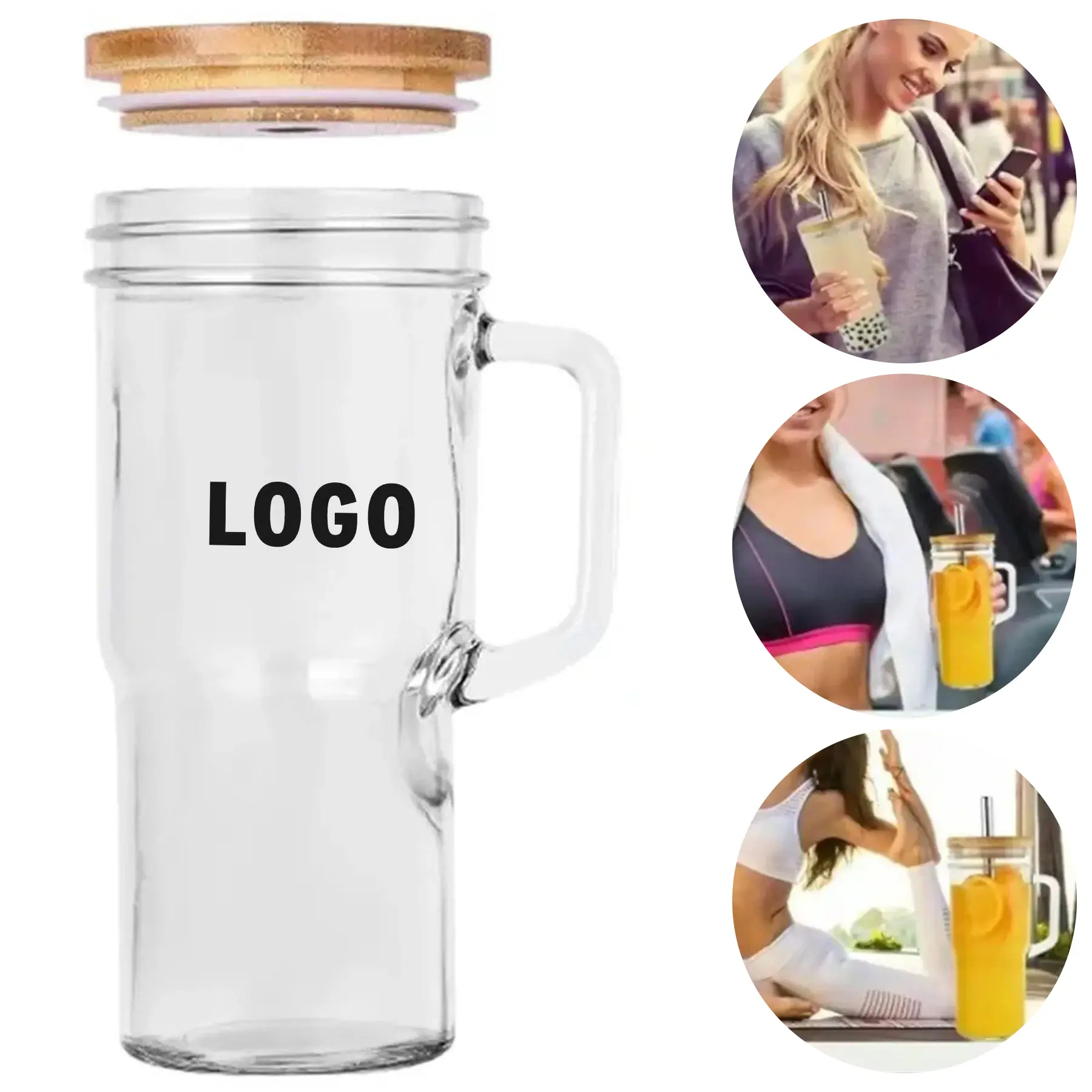Classic Glass Jar Mug Set Lid Straw Brush 2