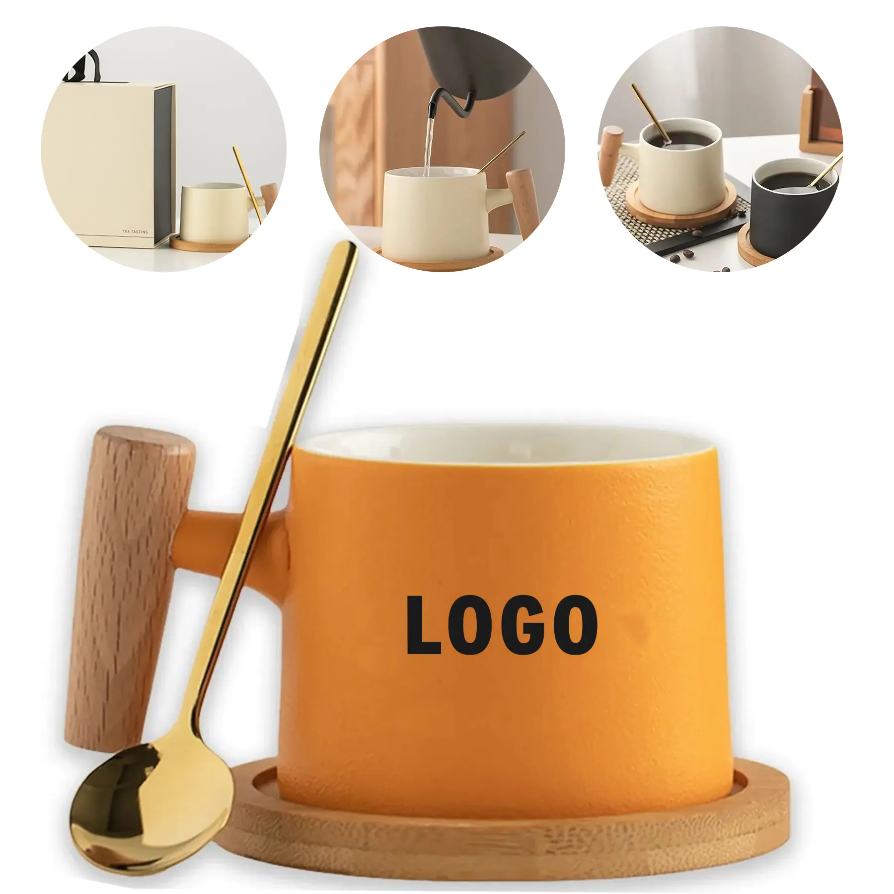 Refined Ceramic Coffee Mug Wooden Handle Gift Set 2