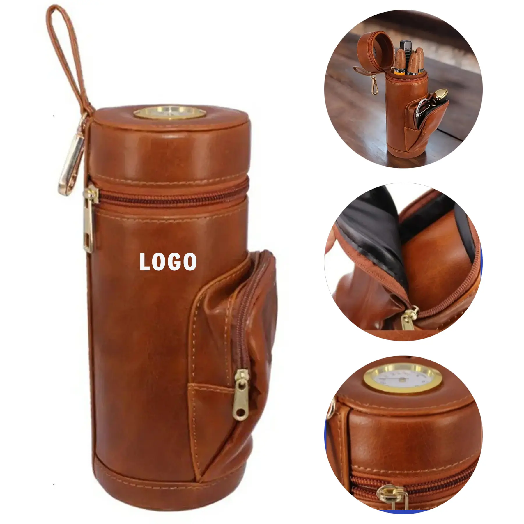 Premium Leather Cigar Case Humidor Storage 5 Cigars Cutter Hygrometer 2
