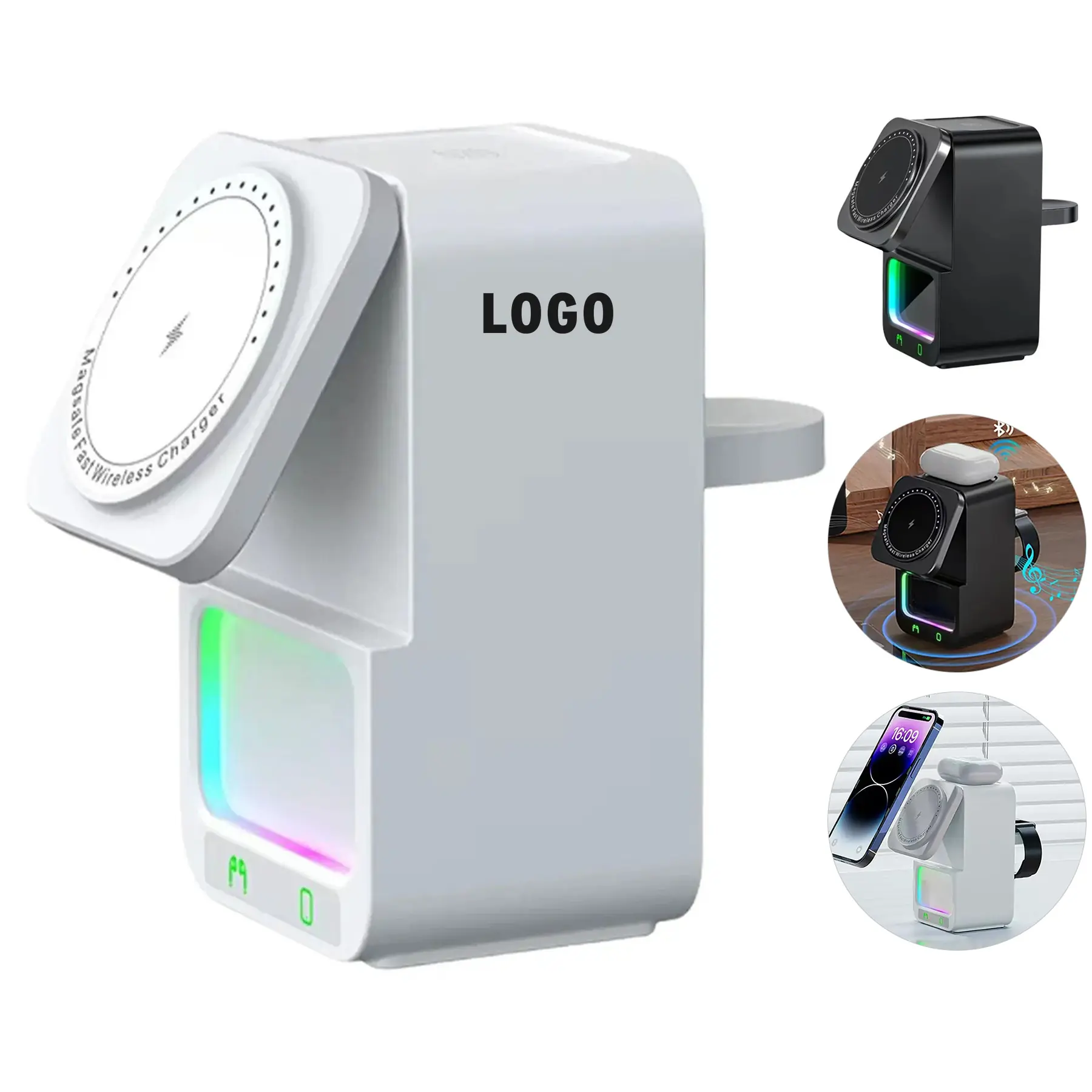 Five Function Wireless Charging Station Bluetooth Speaker Phone Stand RGB Light 2