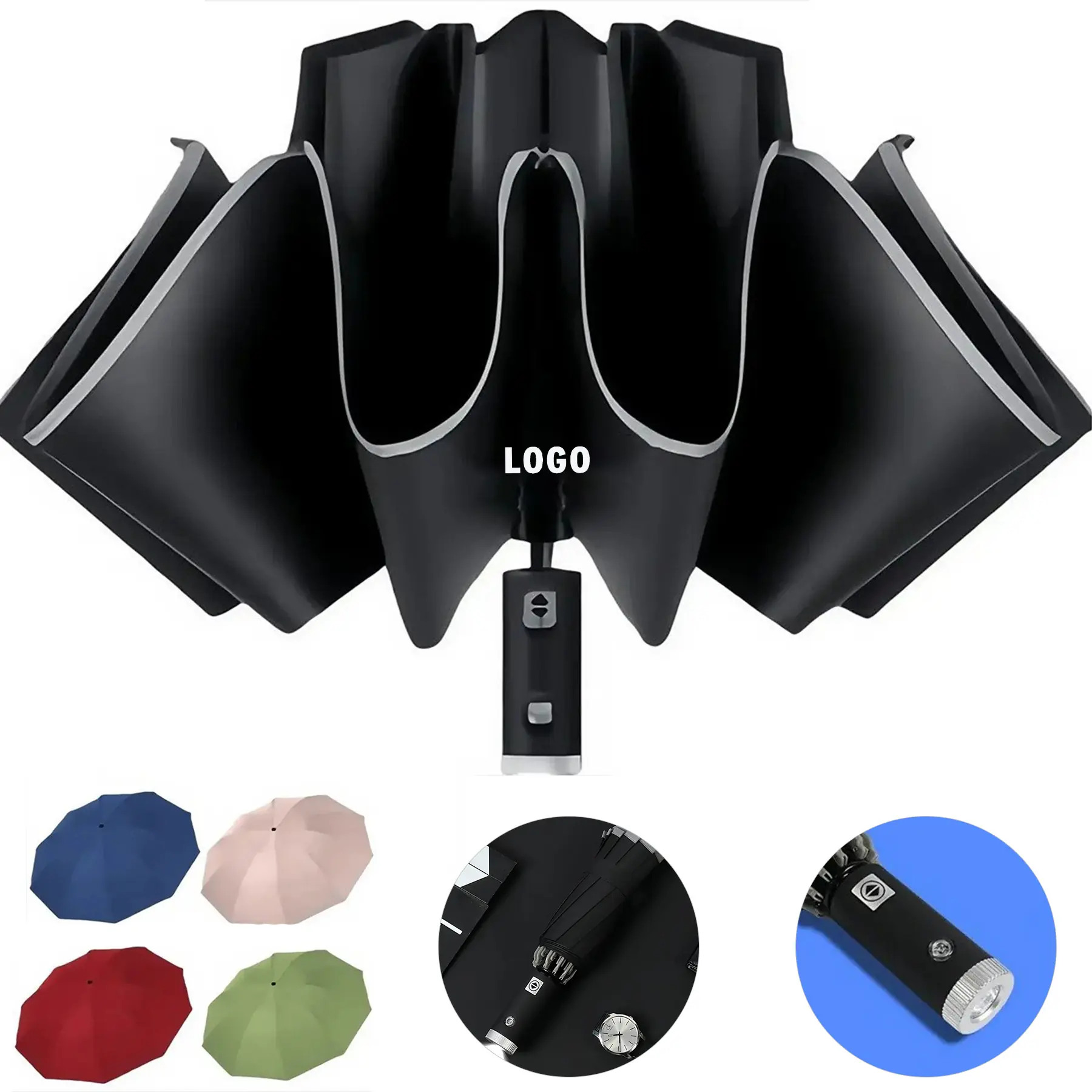 Compact Reverse Folding LED Reflective Umbrella Auto Open Close 2