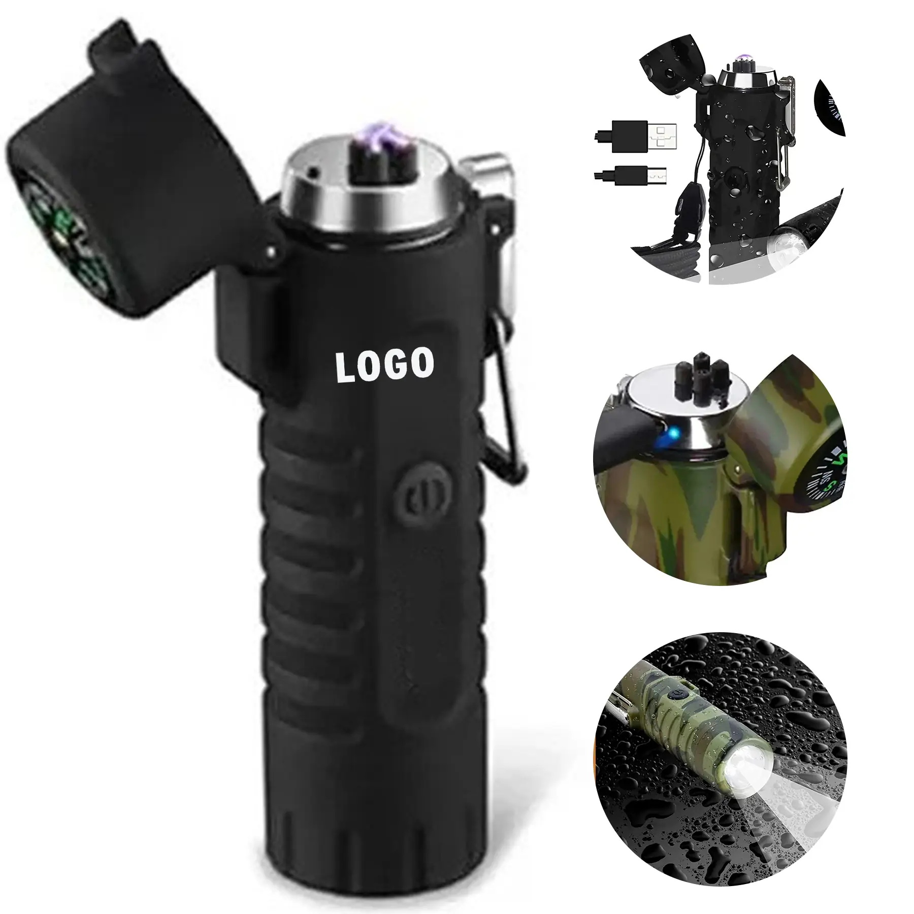 Rechargeable Arc Lighter with LED Flashlight and Compass for Outdoor Survival 2