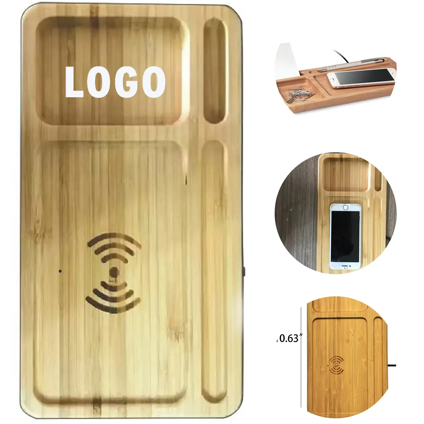 Bamboo Wireless Charging Desk Organizer Tray Custom Logo 2