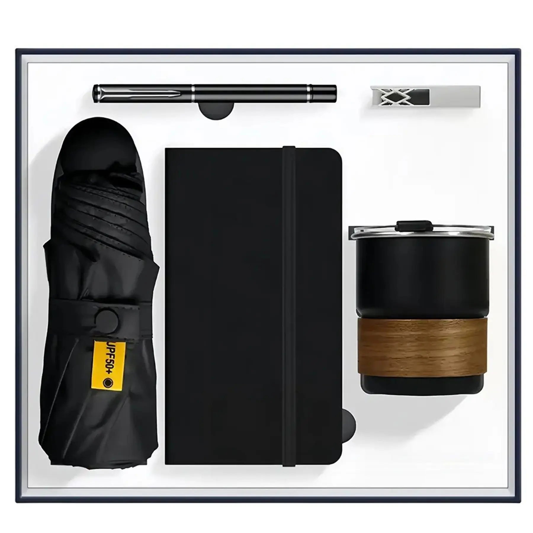 Deluxe Business Gift Set: Notebook, Pen, Umbrella, Travel Cup, USB Flash Drive